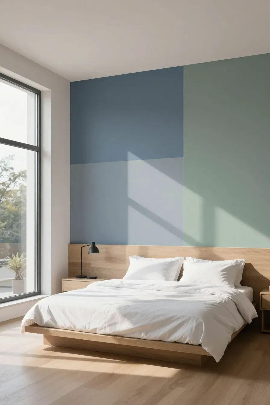 A wide-angle shot of a modern bedroom with large paint swatches on a wall under soft morning sunlight.
