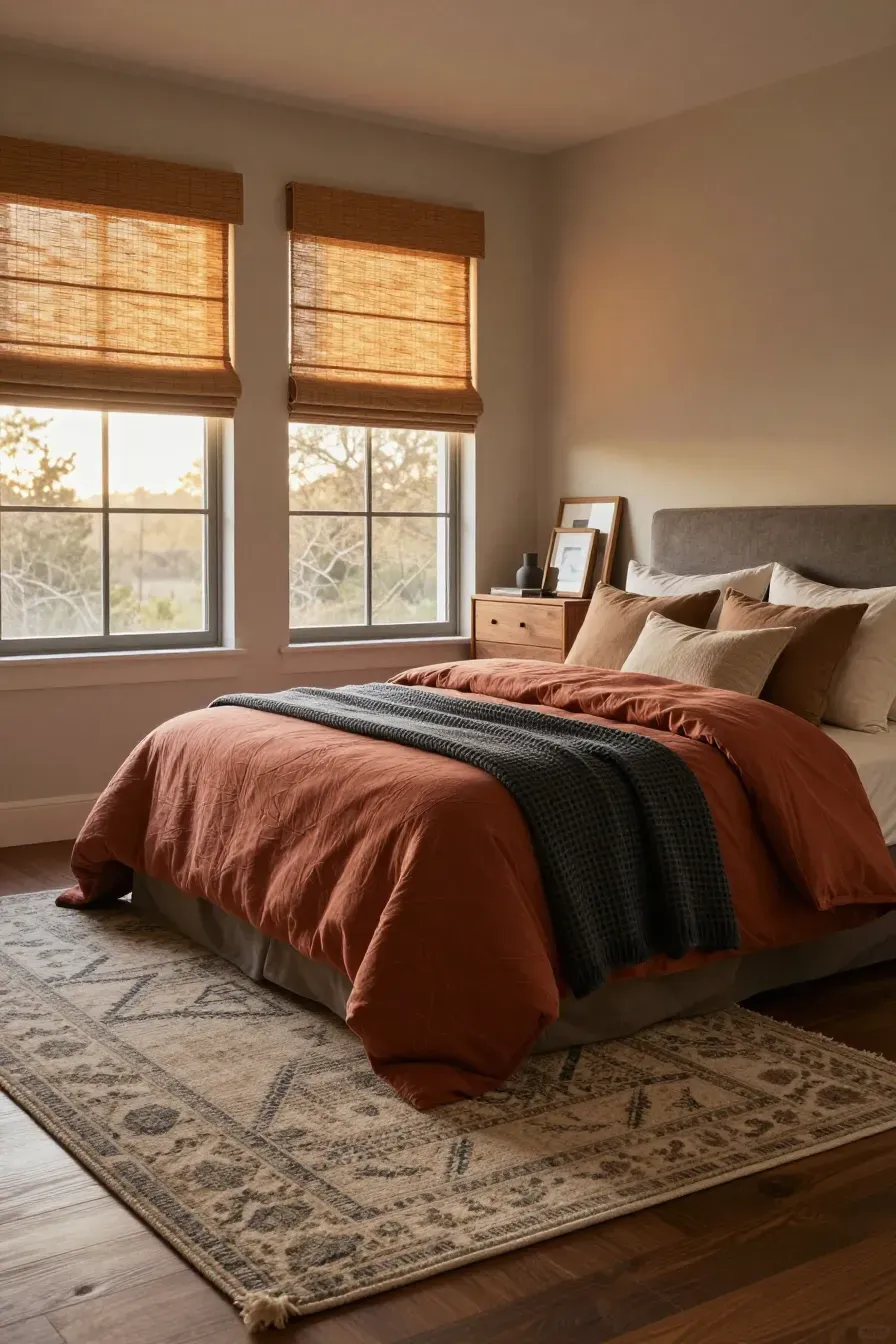 A full bedroom view featuring terracotta bedding, a geometric rug, and bamboo shades in golden hour light.