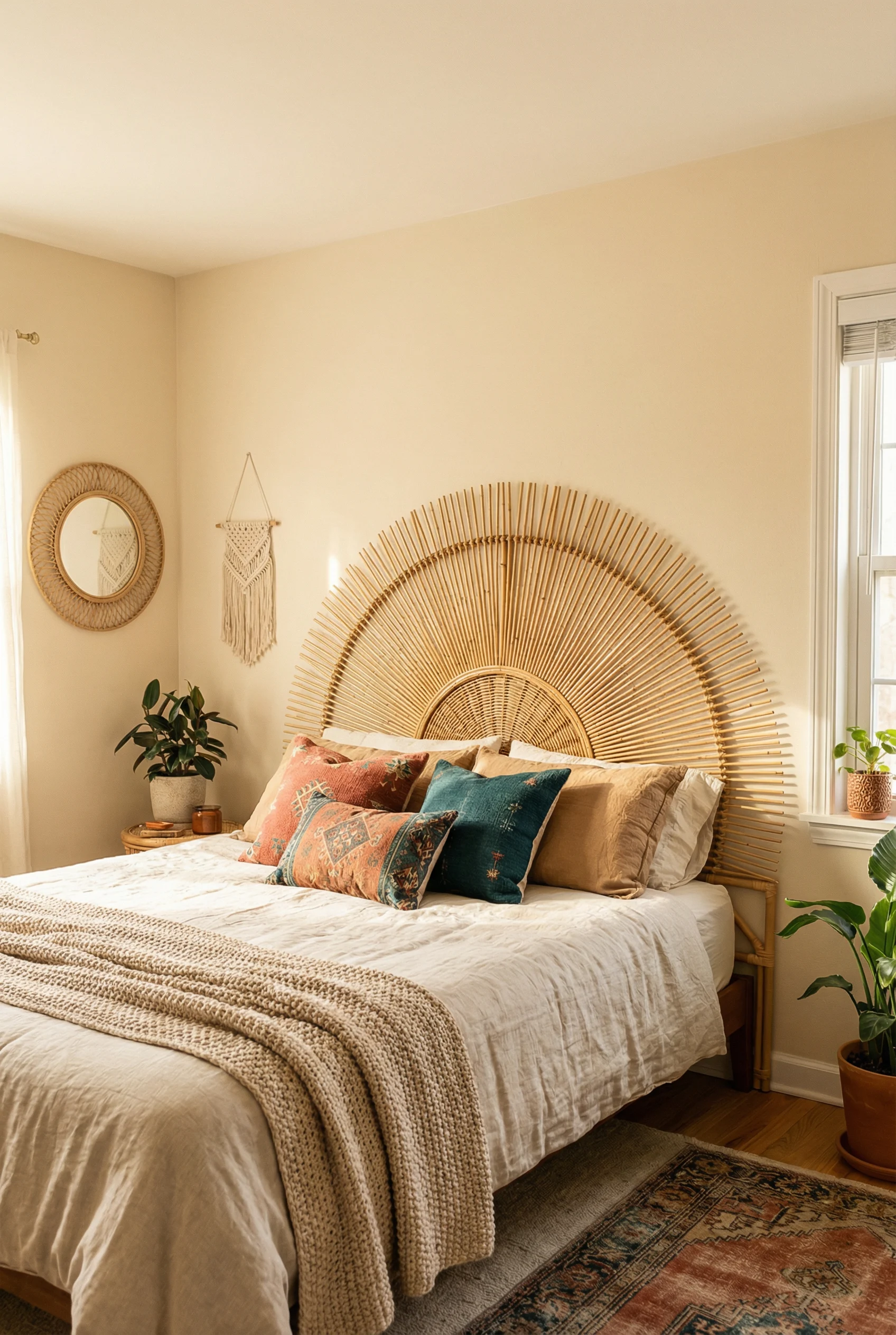 A sunburst rattan headboard on a bed with colorful pillows against a solid cream wall in a boho bedroom.