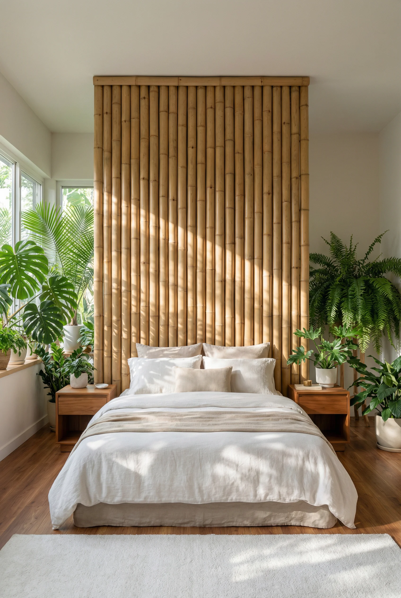 A headboard made of vertical bamboo poles in a bedroom filled with green indoor plants and soft lighting.