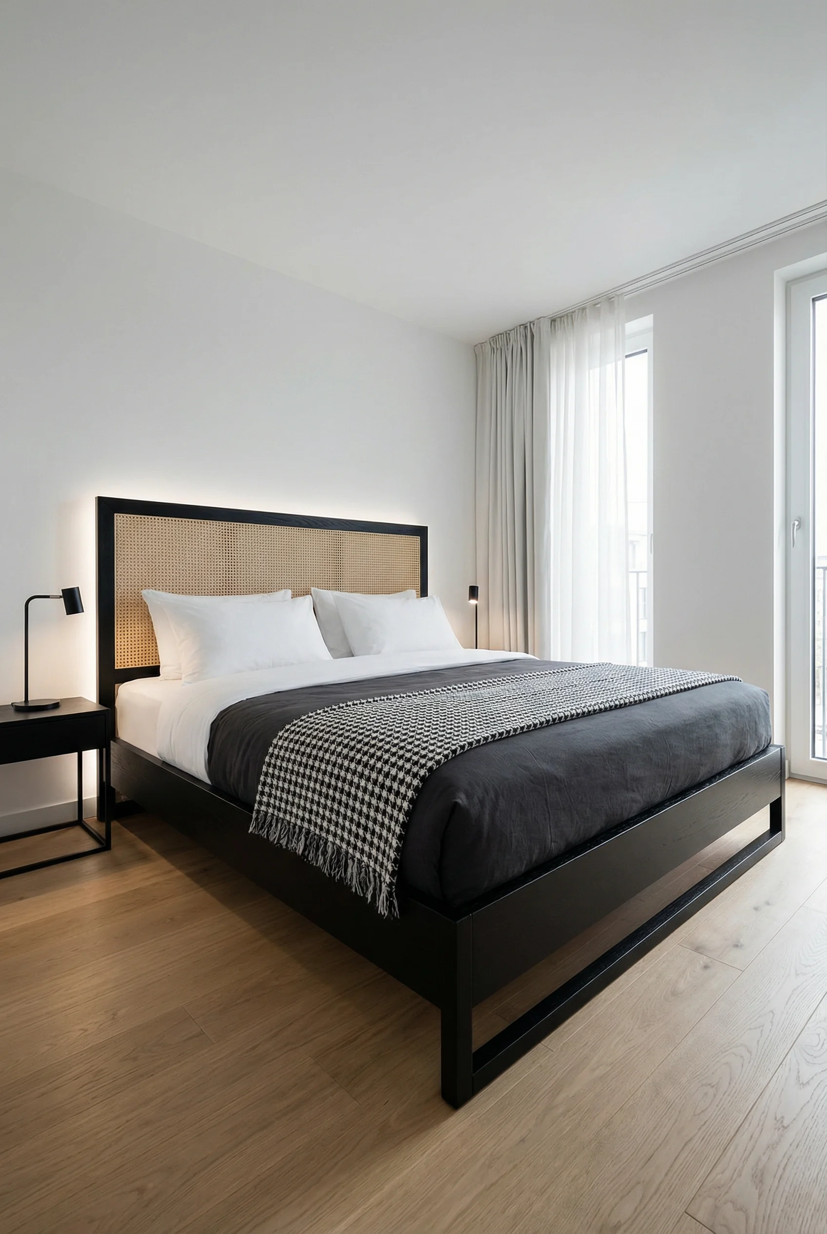 A vintage cane webbing headboard with a modern black wood frame in a contemporary black and white bedroom.