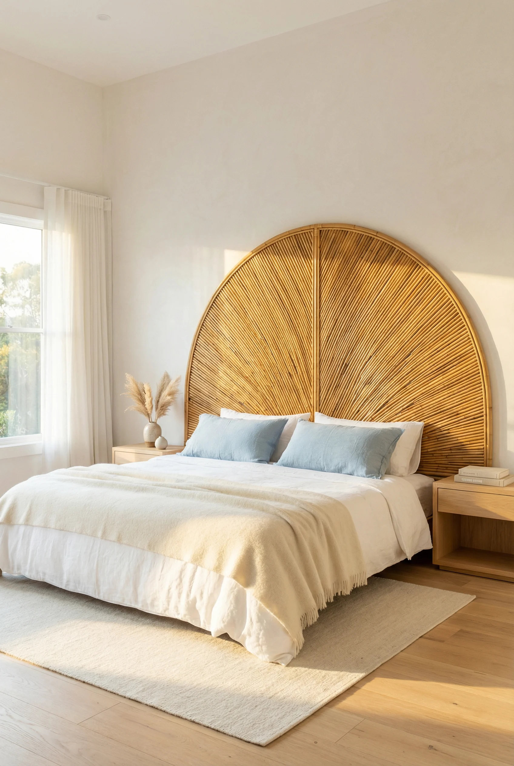 A bright bedroom featuring a large arched honey-toned woven bamboo headboard and white bedding.