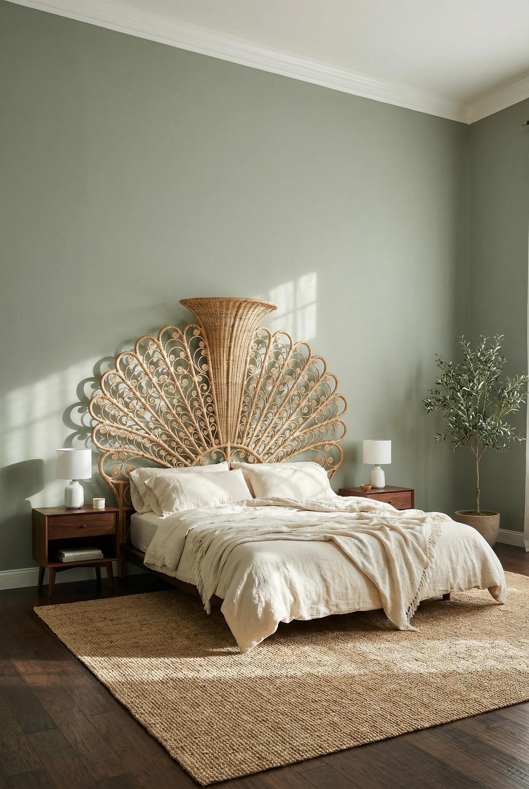 An ornate peacock-style wicker headboard with swirling patterns in a high-ceilinged bedroom.