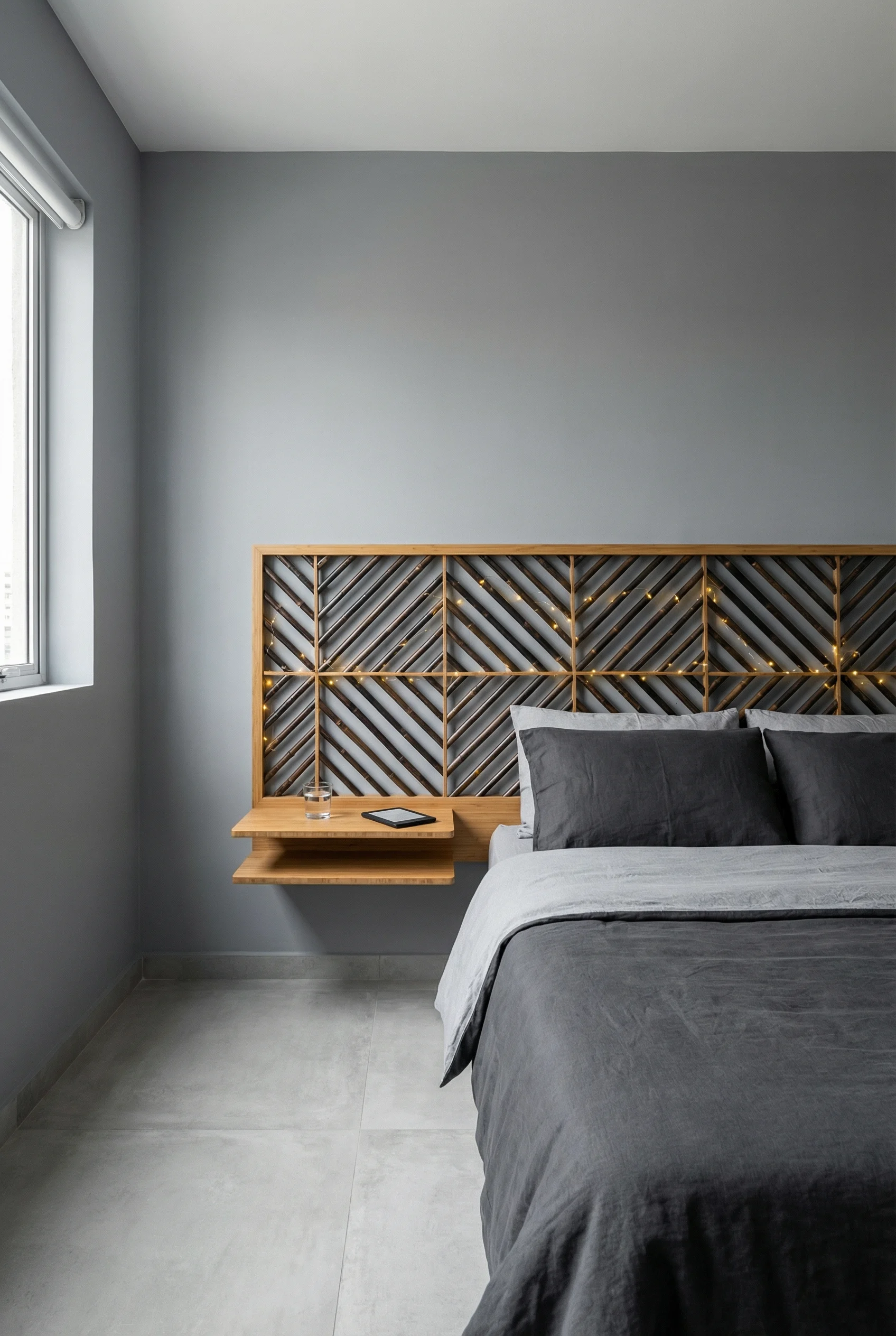 A geometric bamboo headboard with a diamond slat pattern and a functional built-in shelf.