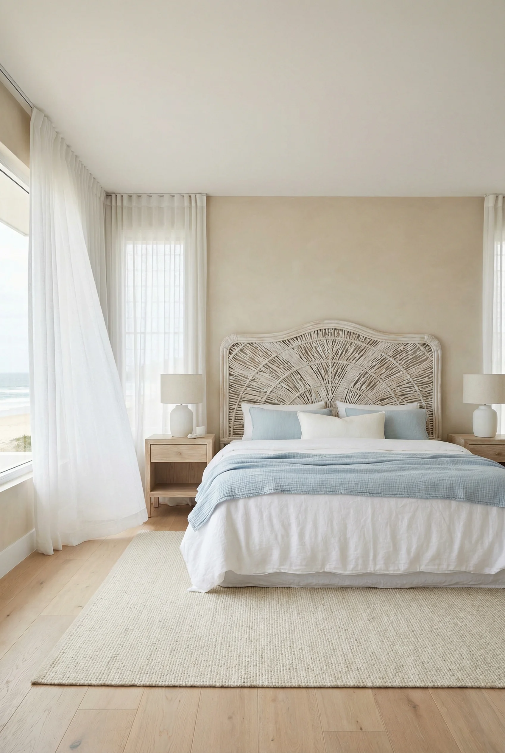 A bright coastal bedroom featuring a whitewashed rattan headboard and airy white bedding.