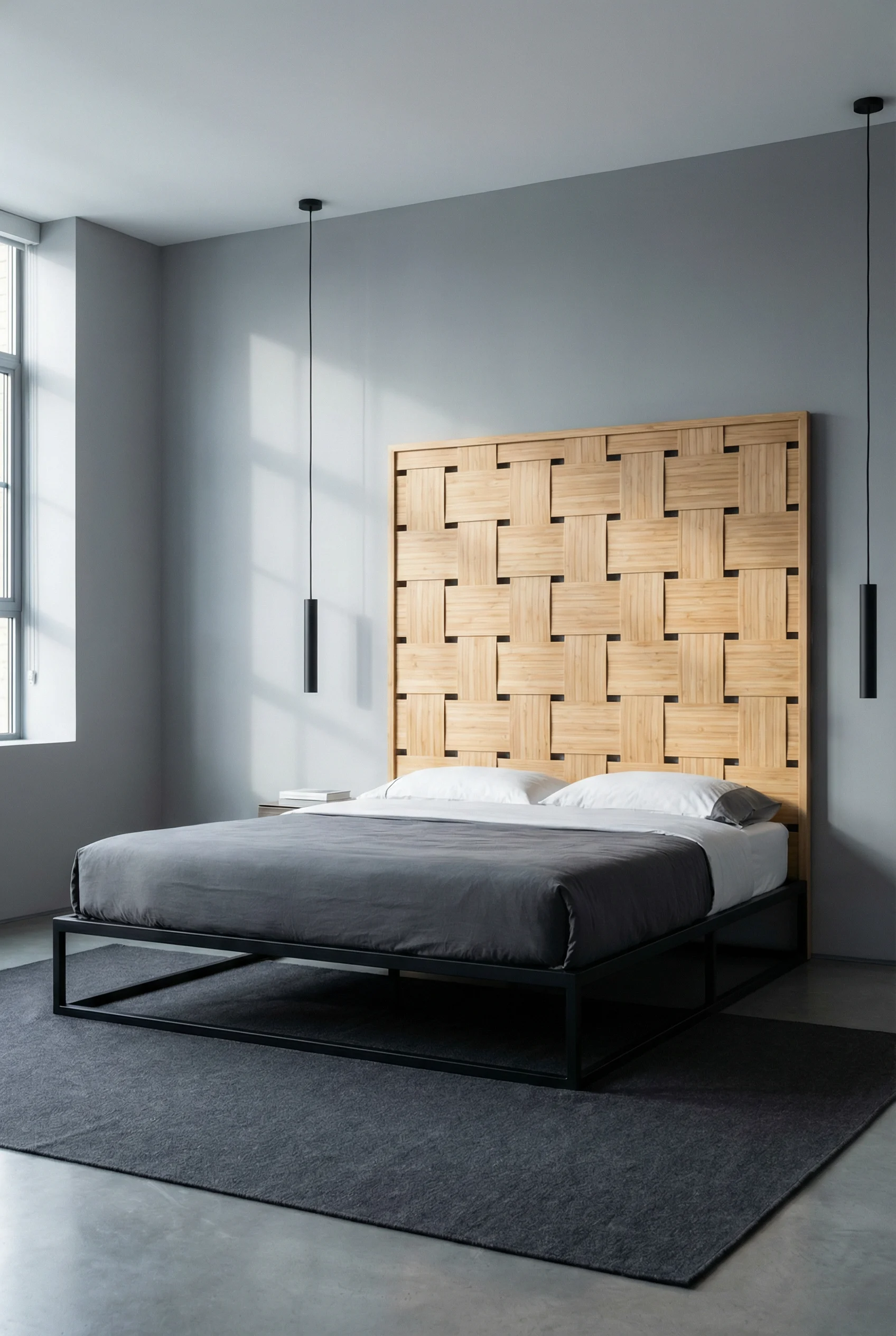 A minimalist bedroom with a square grid woven bamboo headboard on a low platform bed.