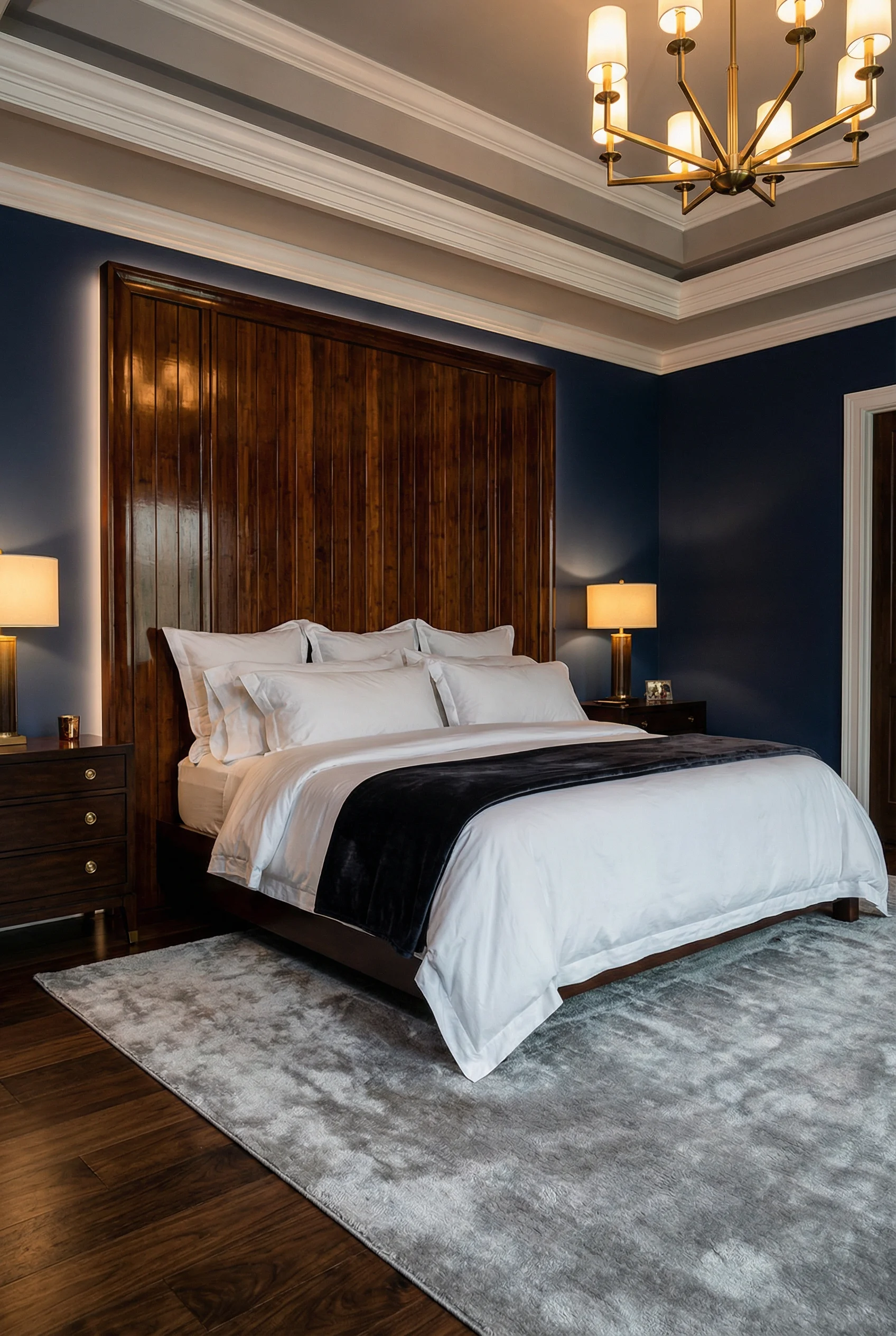 A luxury bedroom with a dark-stained solid bamboo plank headboard and crisp white bedding.