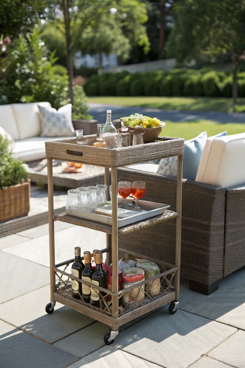 A dark wicker rolling bar cart with wheels, stocked with bottles and glasses on a sunny stone patio.