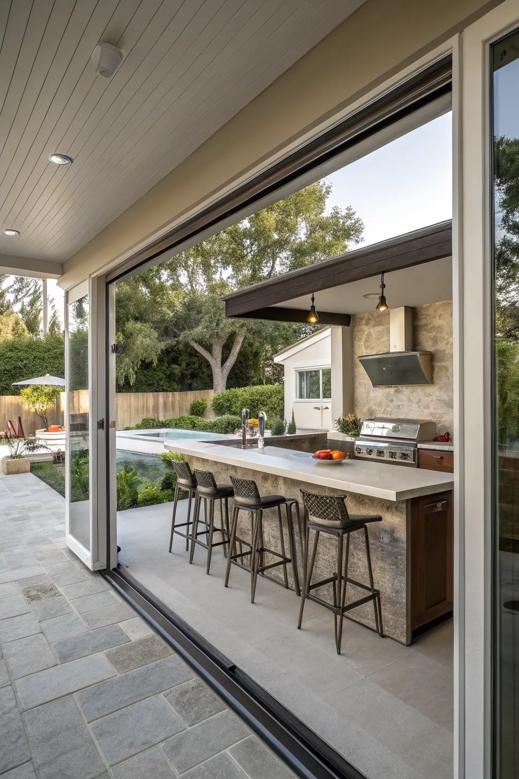 An open pass-through window from a kitchen to an outdoor patio with a black granite bar counter.