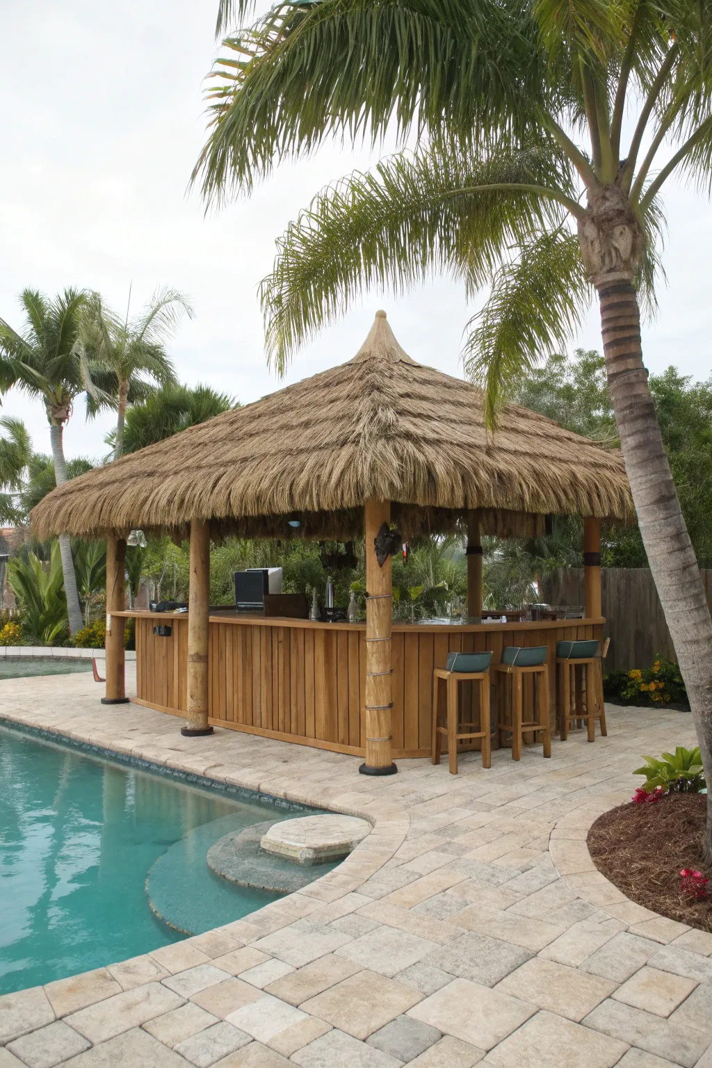 A tropical bamboo tiki bar with a thatched roof next to a backyard swimming pool.