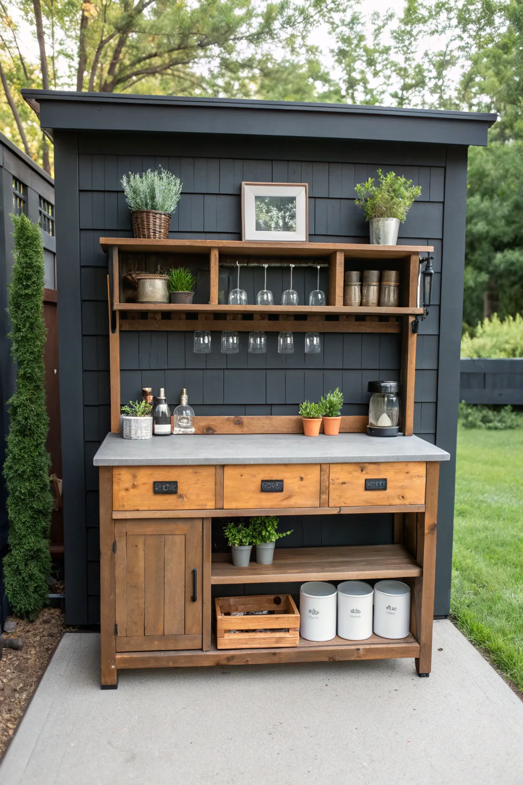 A sage green potting bench repurposed as an outdoor bar with shelves and bottle storage.
