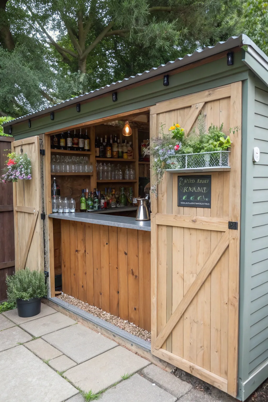 A garden shed converted into a bar with a fold-down wooden serving counter and interior lights.