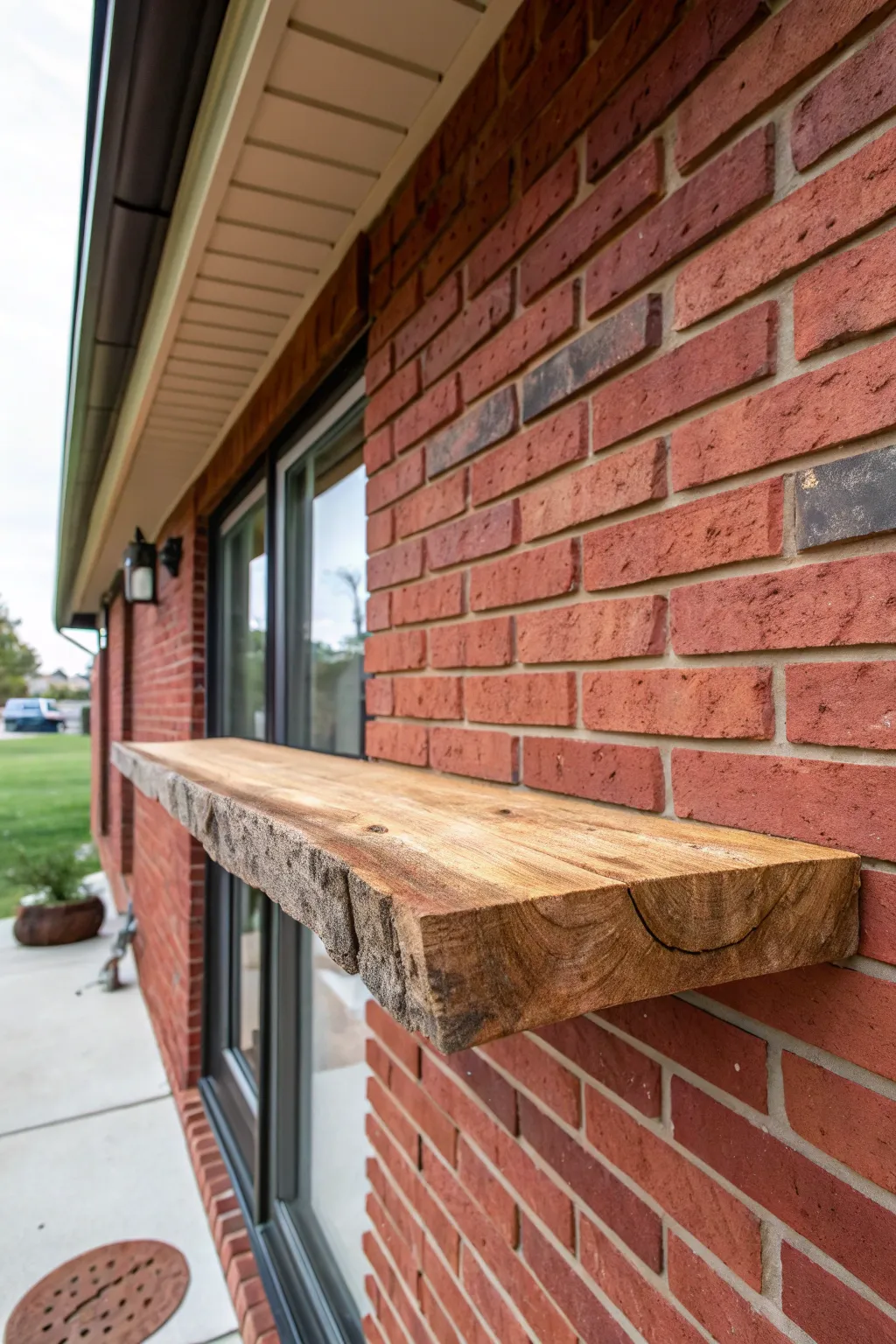 A live-edge wood floating bar shelf mounted on a red brick wall with whiskey glasses.