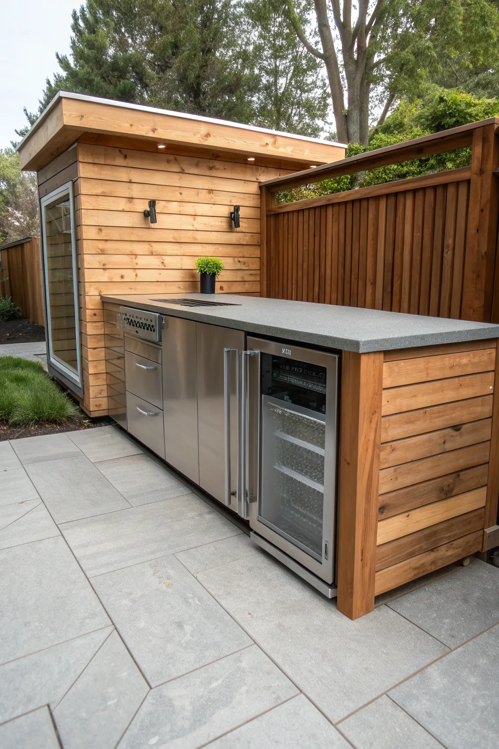 L-shaped cedar wood outdoor bar with a built-in stainless steel refrigerator on a deck.