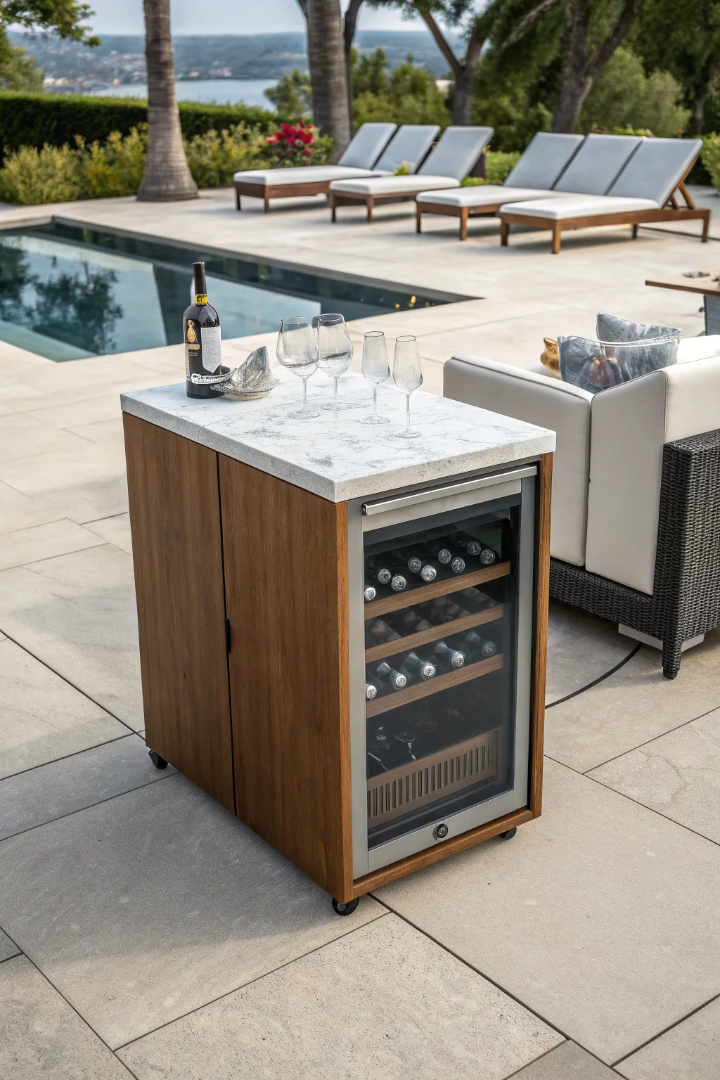 A teak wine cooler cabinet with a white granite top and wine accessories by a pool.