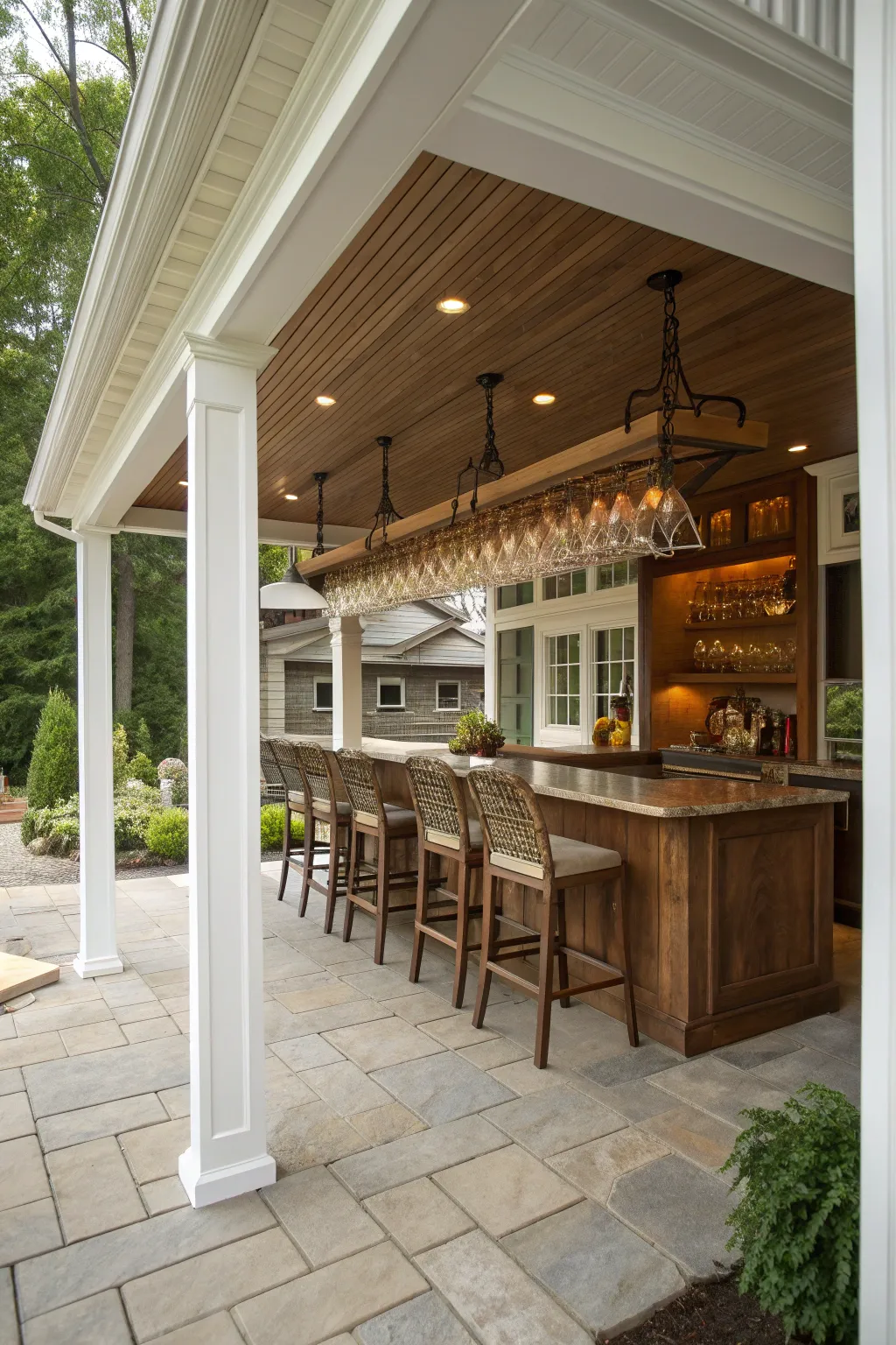 A covered porch bar with wooden ceiling-mounted racks holding sparkling glassware.