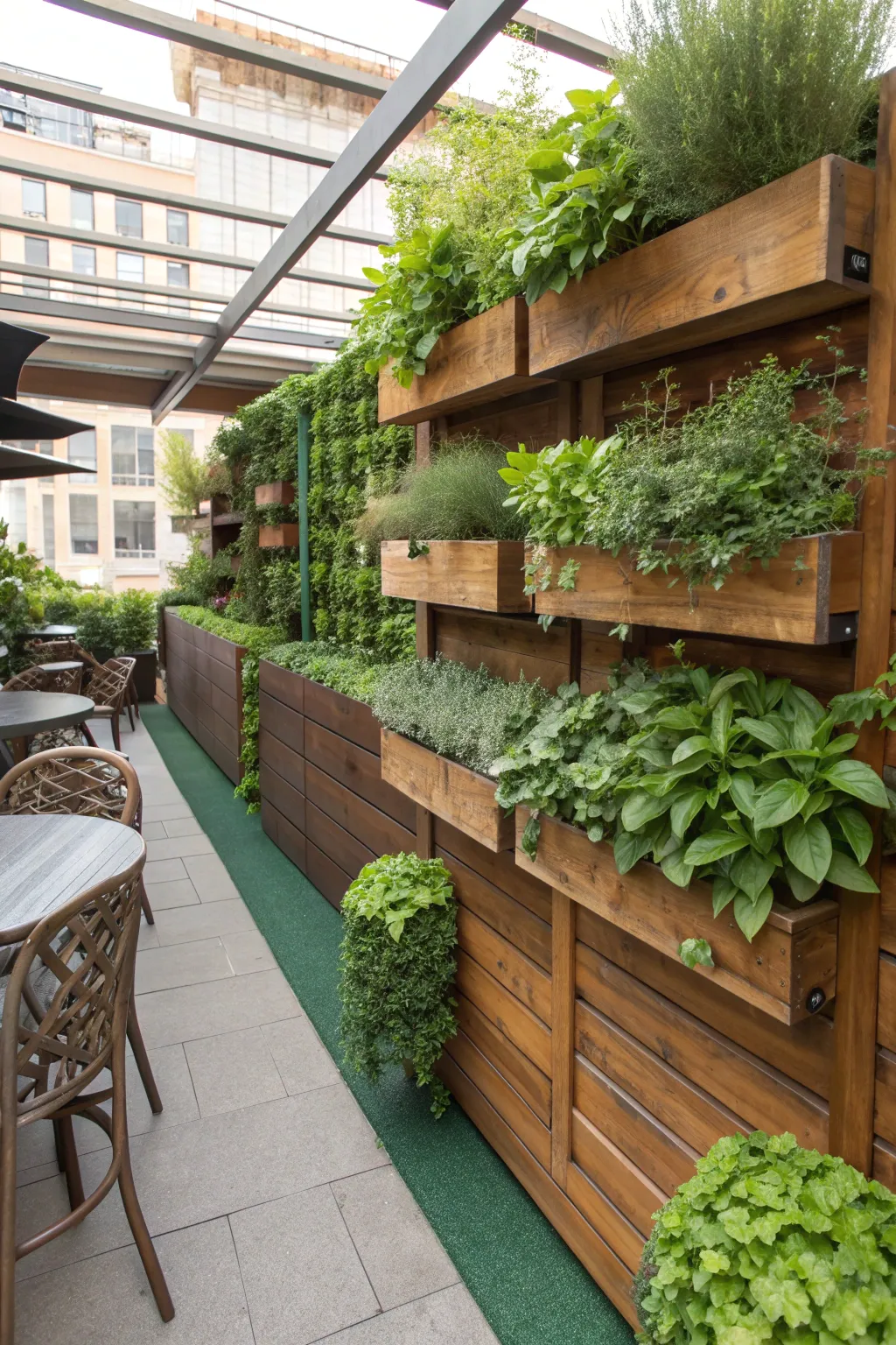 An outdoor bar with a vertical herb garden wall featuring fresh mint and basil.
