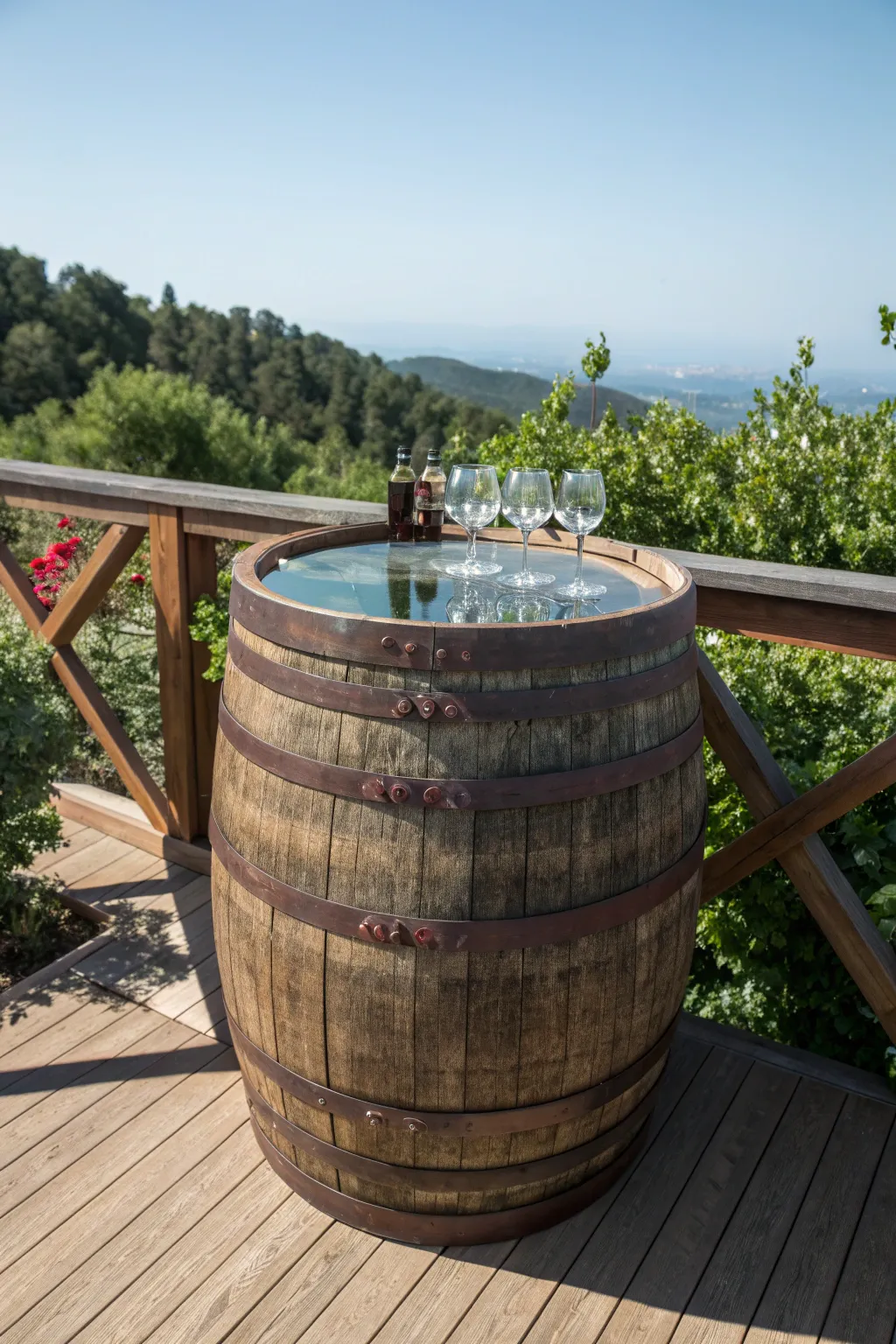 A rustic outdoor bar made from a vintage whiskey barrel with a round glass top on a wooden deck.