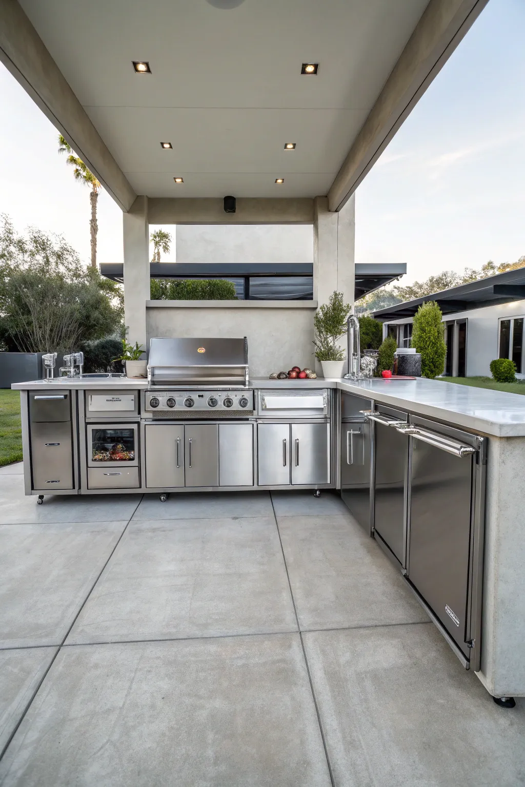 A sleek, professional stainless steel outdoor bar station with a sink and ice bin on a modern patio.