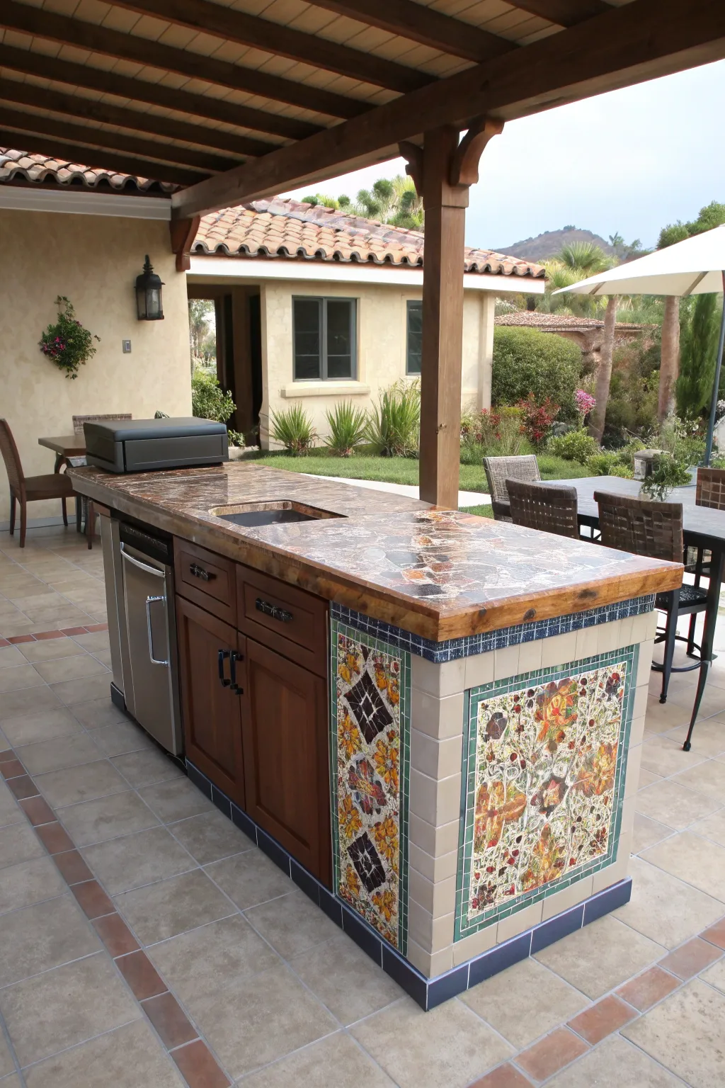 A colorful blue and white tiled outdoor bar featuring a hidden pull-out trash bin cabinet.