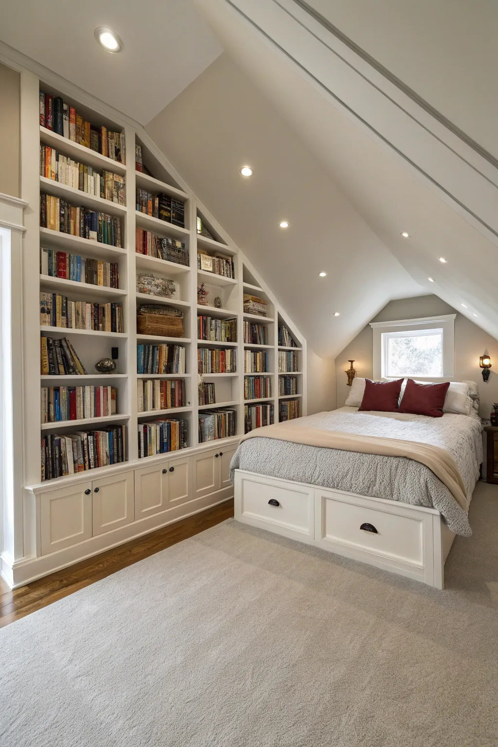 Custom recessed shelves built into the wall studs of a white attic bedroom to save floor space.