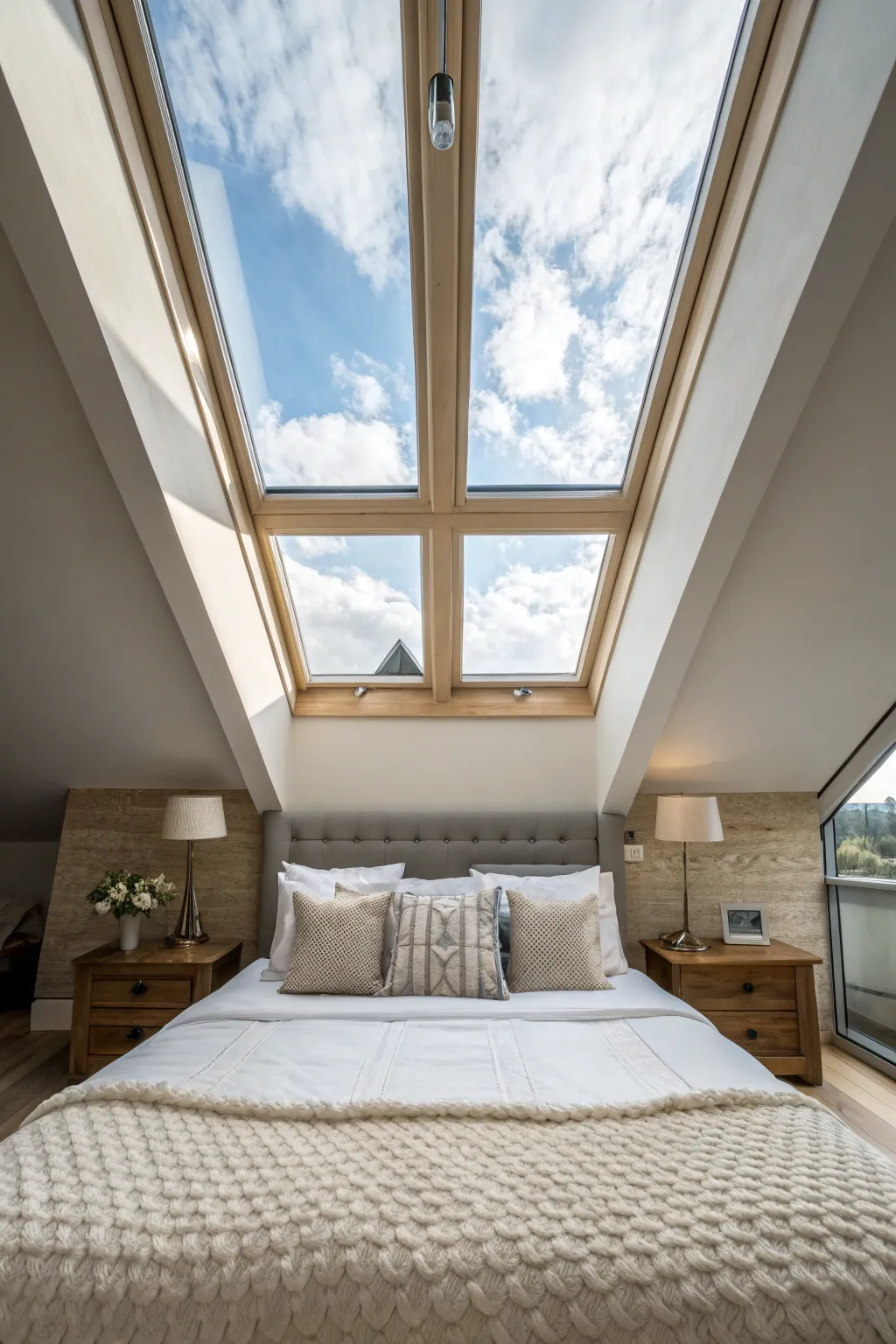 A large skylight window located directly above a white bed in a bright, modern attic room.