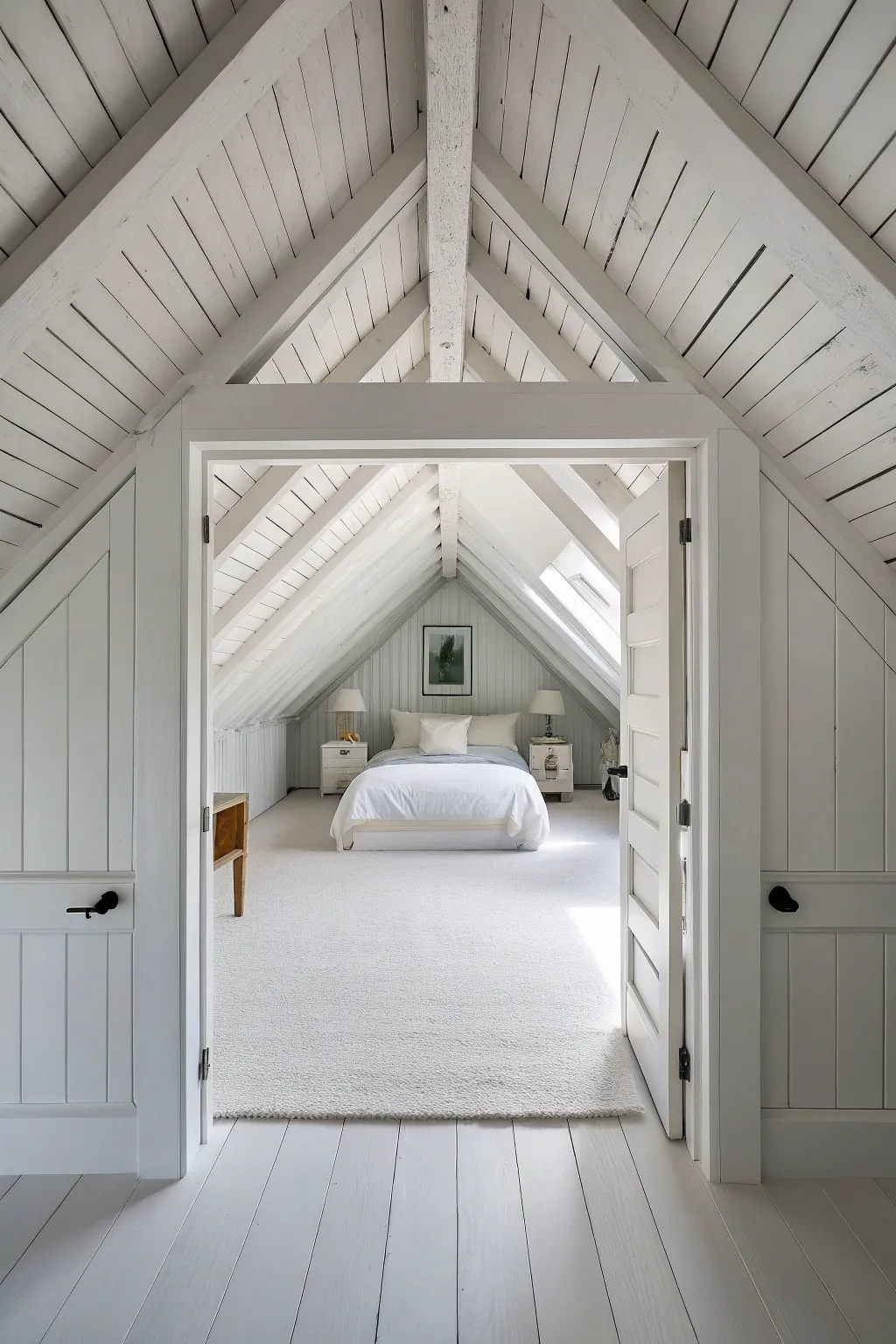 A bright all-white attic bedroom with various textures and a seamless slanted ceiling.