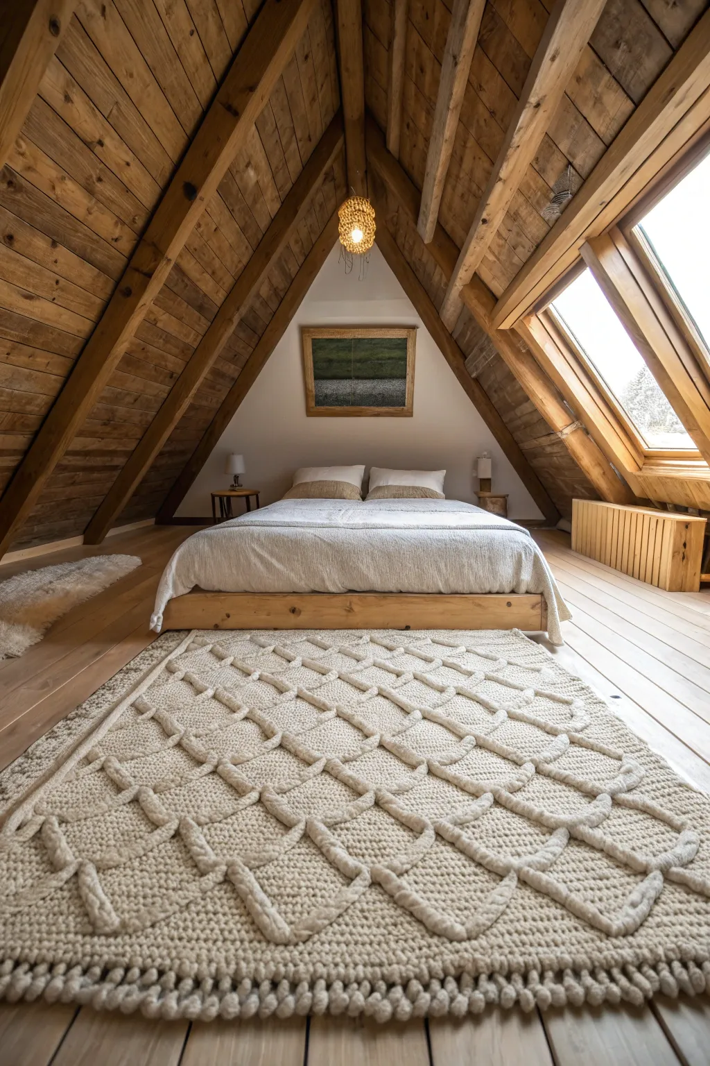 A cozy floor mattress on a thick wool rug in a rustic attic bedroom with low ceilings.