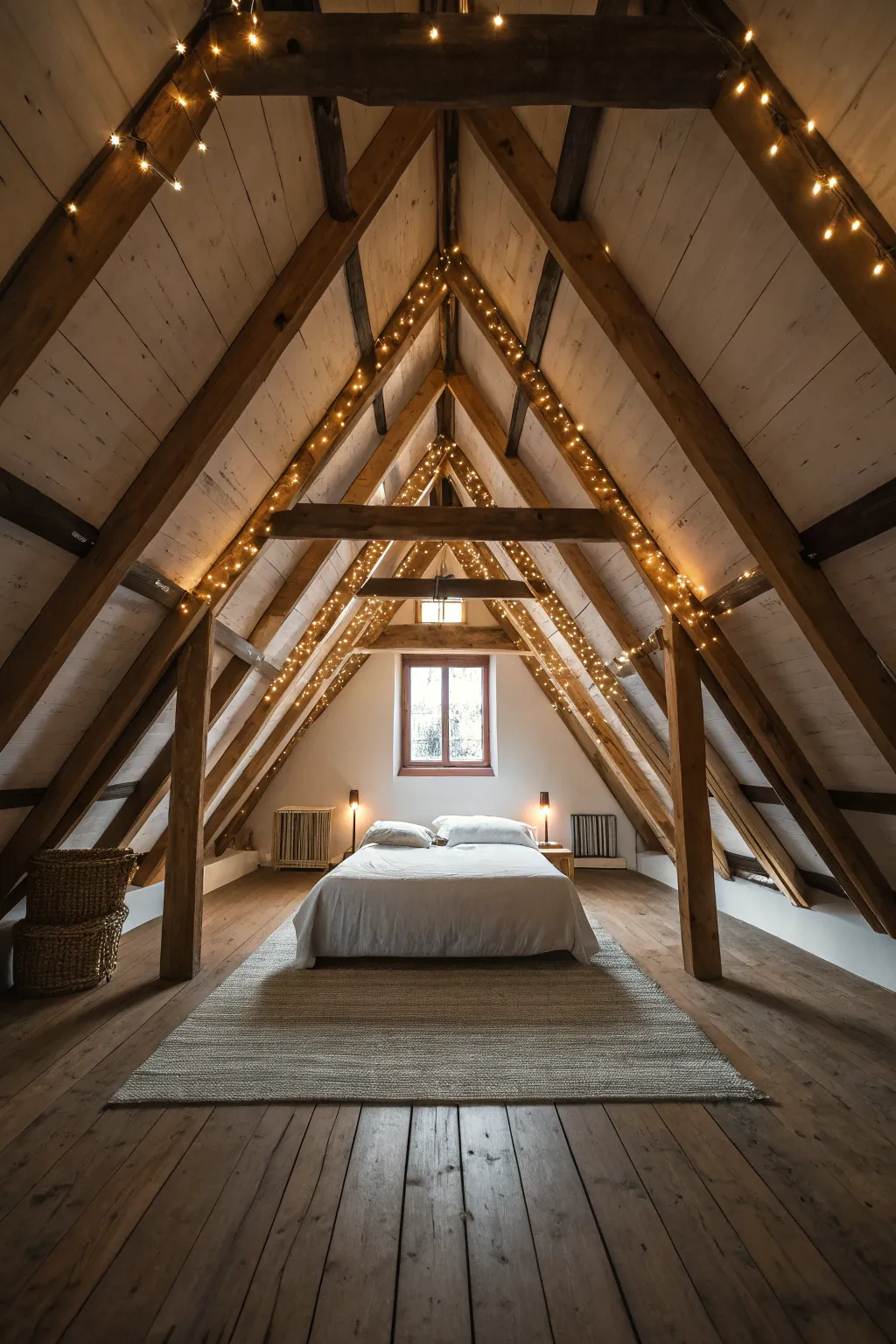Exposed wooden ceiling beams wrapped in warm string lights in a cozy attic bedroom.