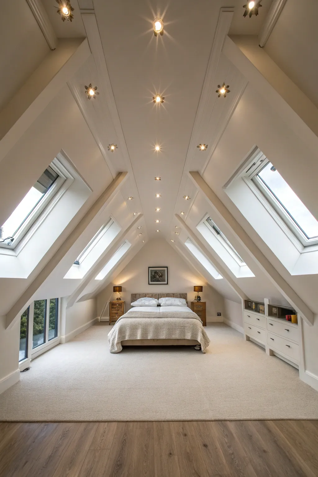 Modern attic bedroom with flush recessed pot lights in a low slanted ceiling.