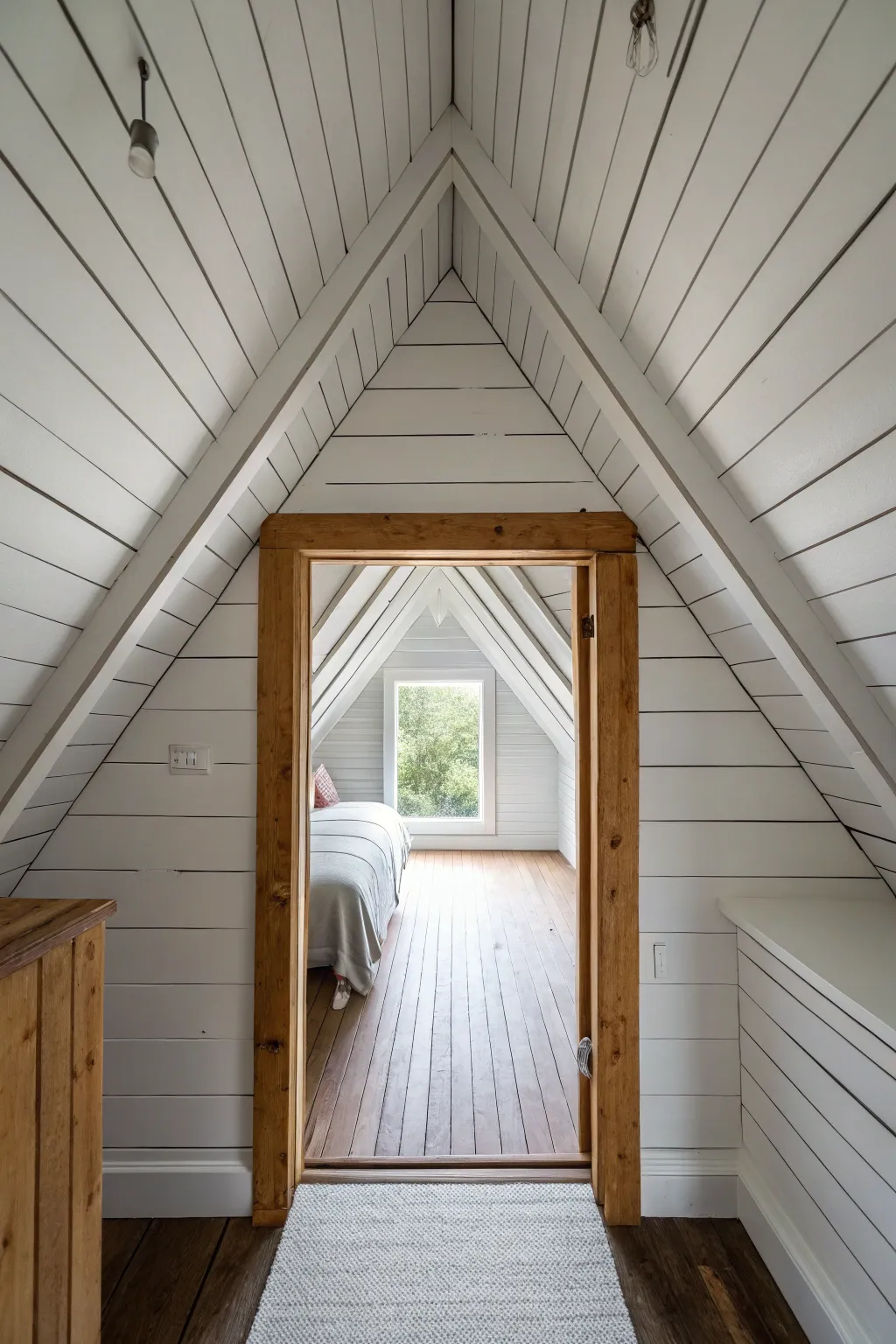 White horizontal shiplap walls in a narrow attic bedroom to create a wider feel.
