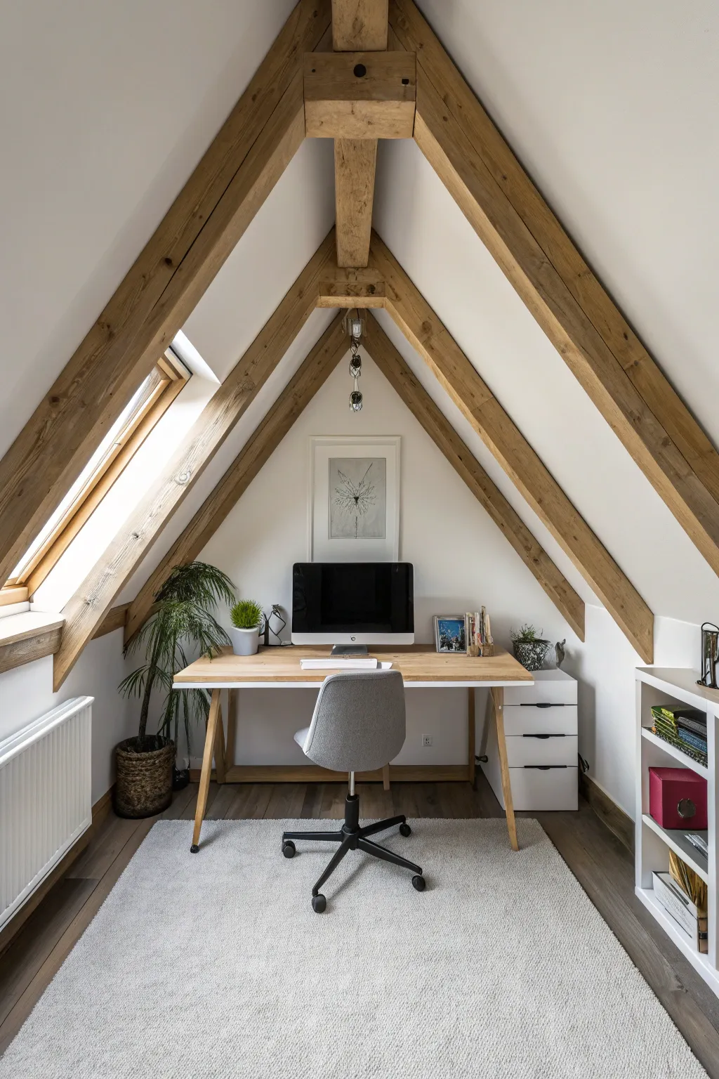 A minimalist wooden desk placed at the highest point of an attic gable roof.