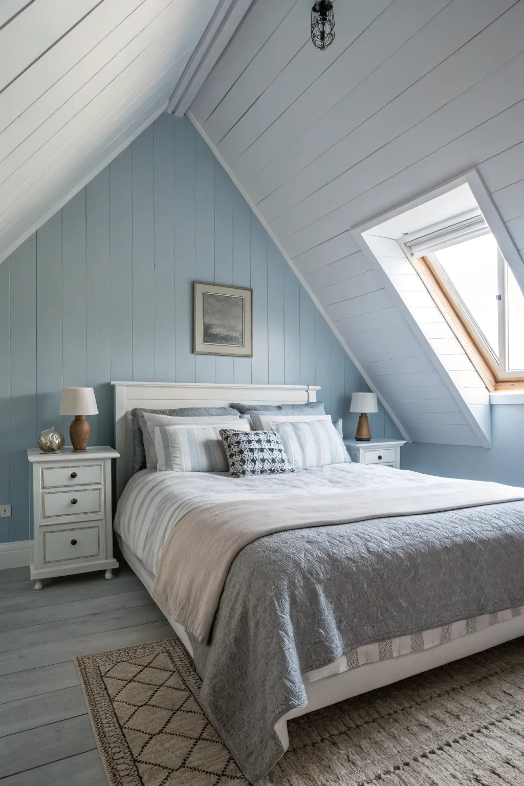 A monochromatic attic bedroom with soft grey bedding matching the wall color.
