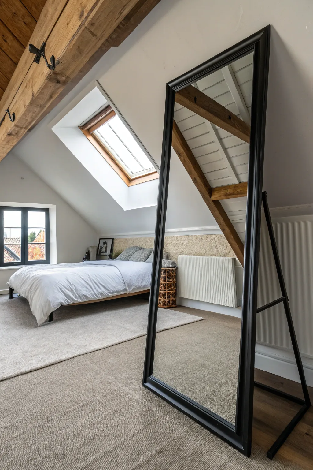 A full-length mirror leans against a short wall in a bright attic bedroom with sloped ceilings.