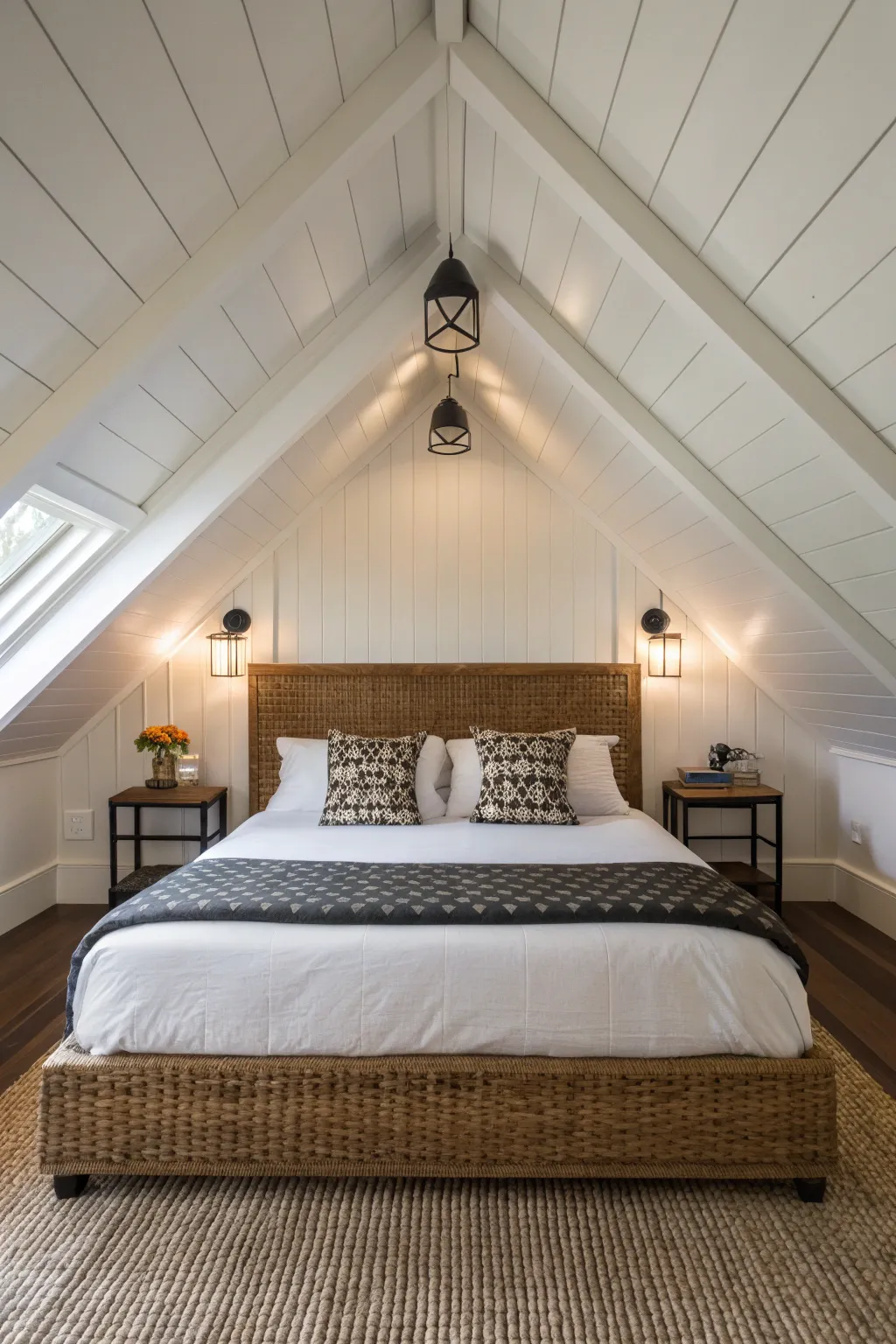 Black adjustable wall sconces mounted on a slanted attic ceiling above a minimalist bed.