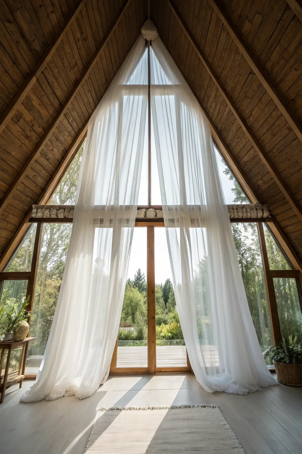 Lightweight white linen curtains on an attic window letting in bright natural light.