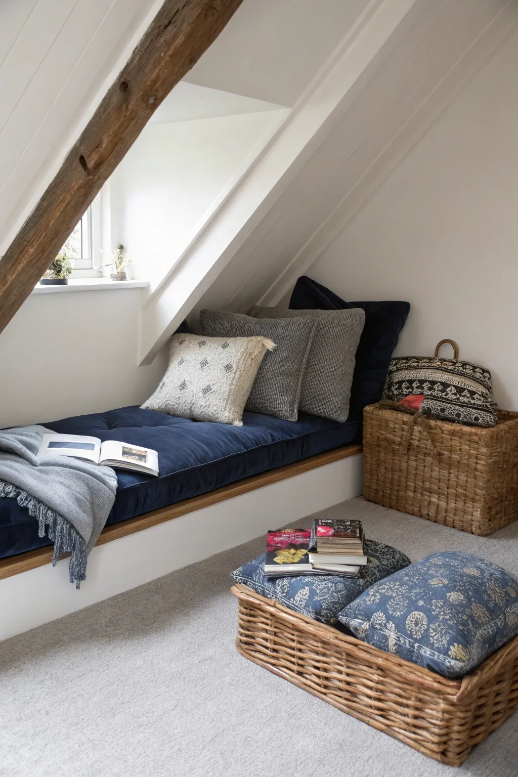 A cozy reading area with plush floor cushions tucked under a low attic ceiling.
