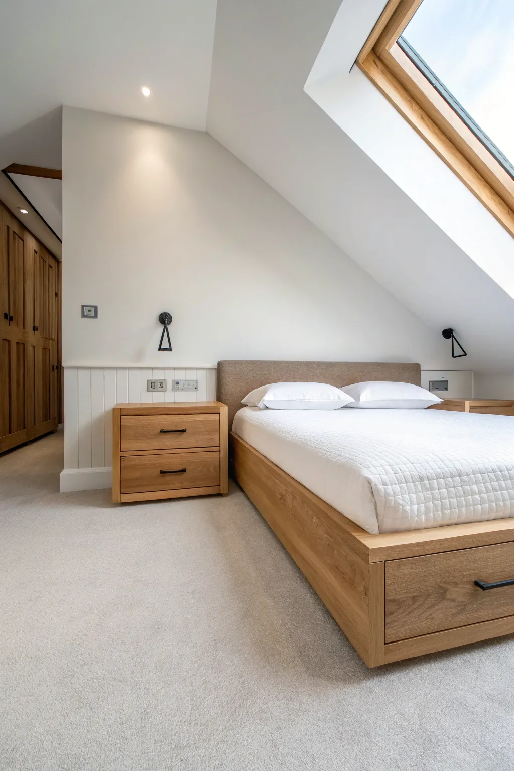 Minimalist wooden floating shelves used as nightstands in a modern attic bedroom.