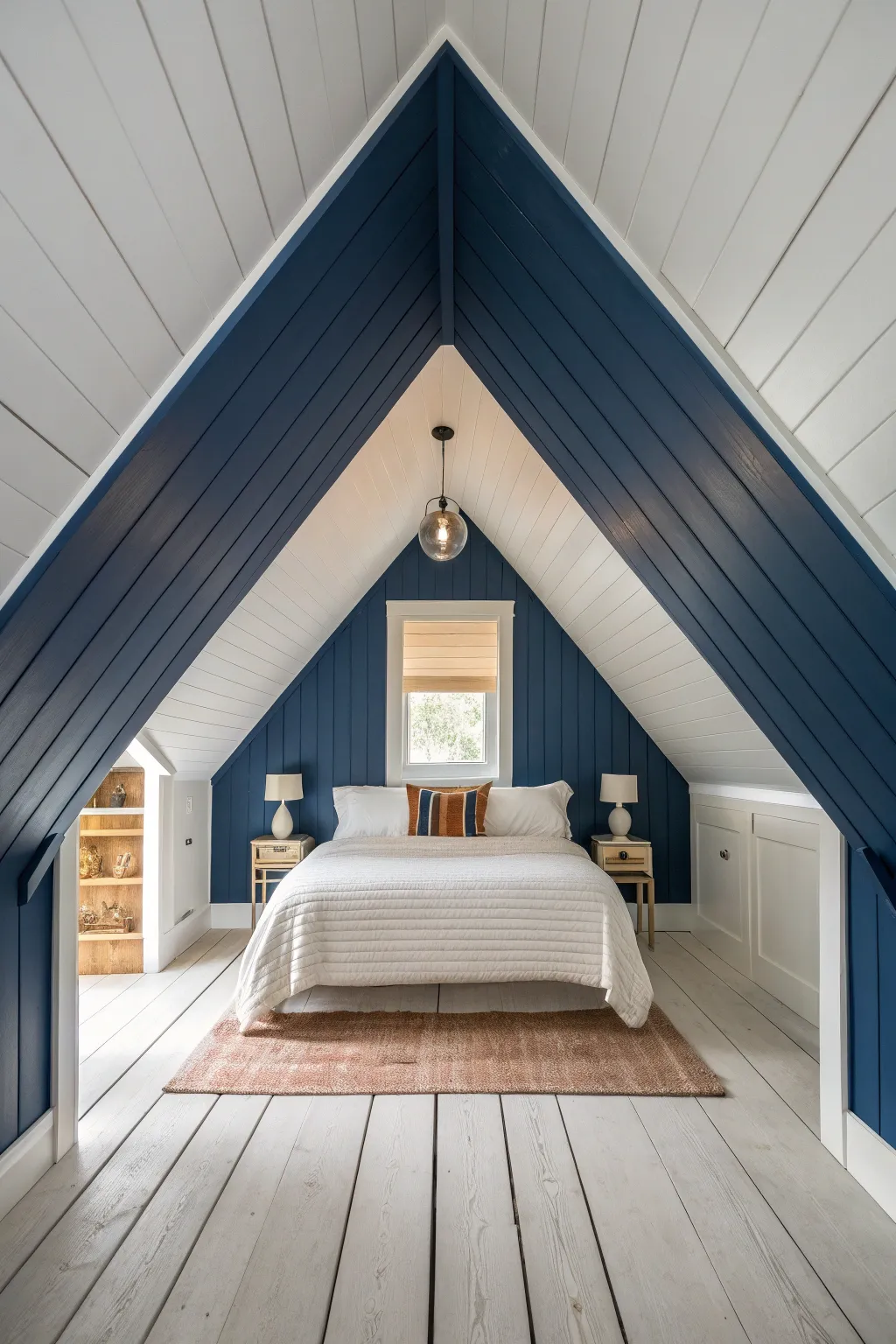An attic bedroom featuring a navy blue accent wall at the far end of a white sloped ceiling room.