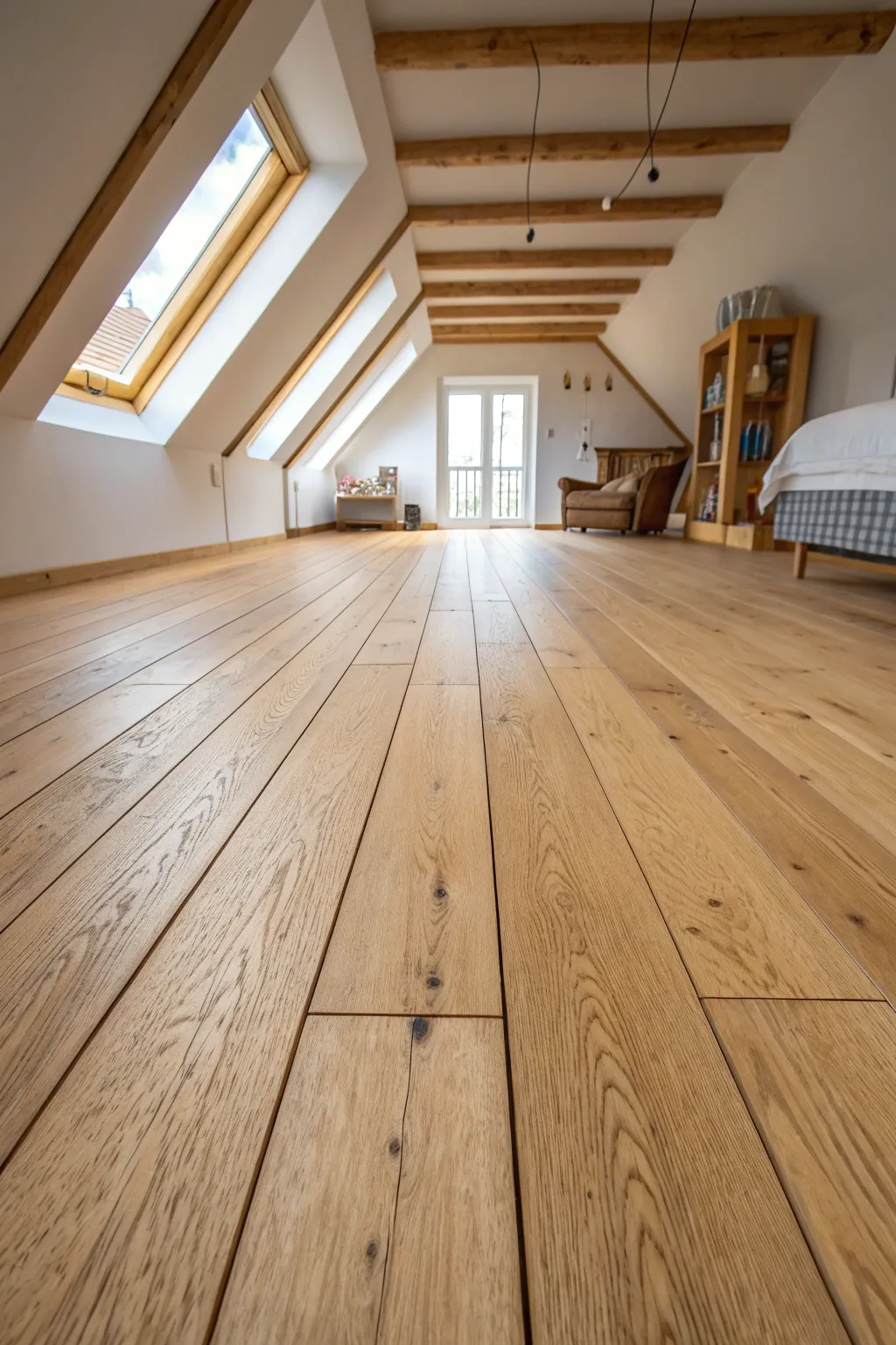 Light oak wood floor planks running the length of a bright, white attic bedroom with sloped ceilings.