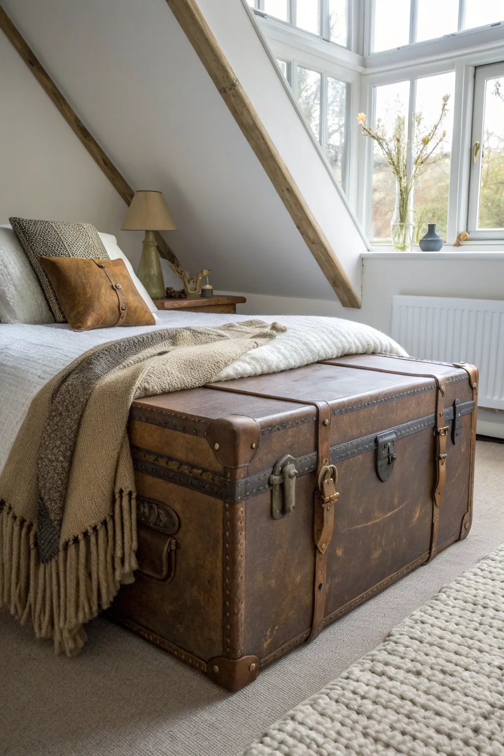 A vintage leather trunk with brass latches sitting at the foot of a bed in a cozy attic room.