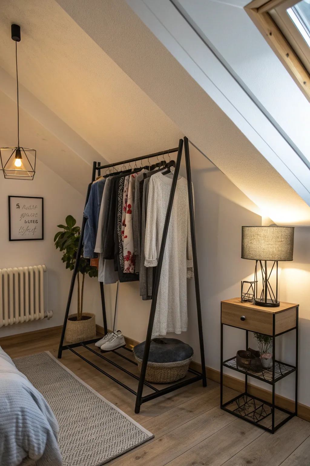 A black metal open garment rack with neutral clothes in a narrow, white-walled attic corner.