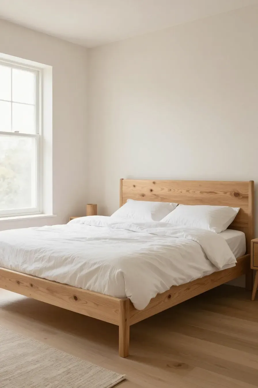 A minimalist bedroom featuring a raw oak bed frame with white bedding and soft morning light.
