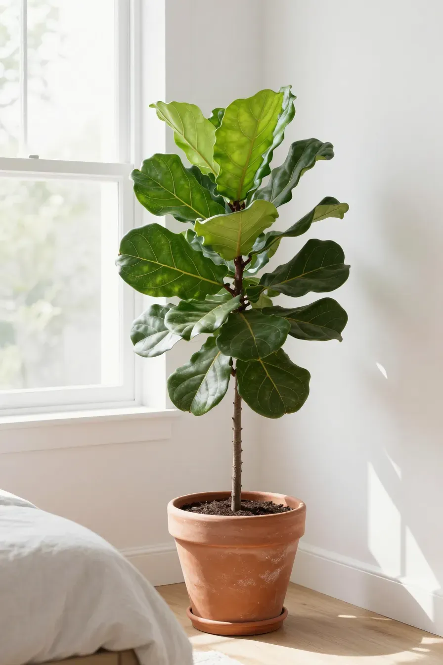 A large fiddle leaf fig plant in a terracotta pot sitting in a sun-drenched bedroom corner.