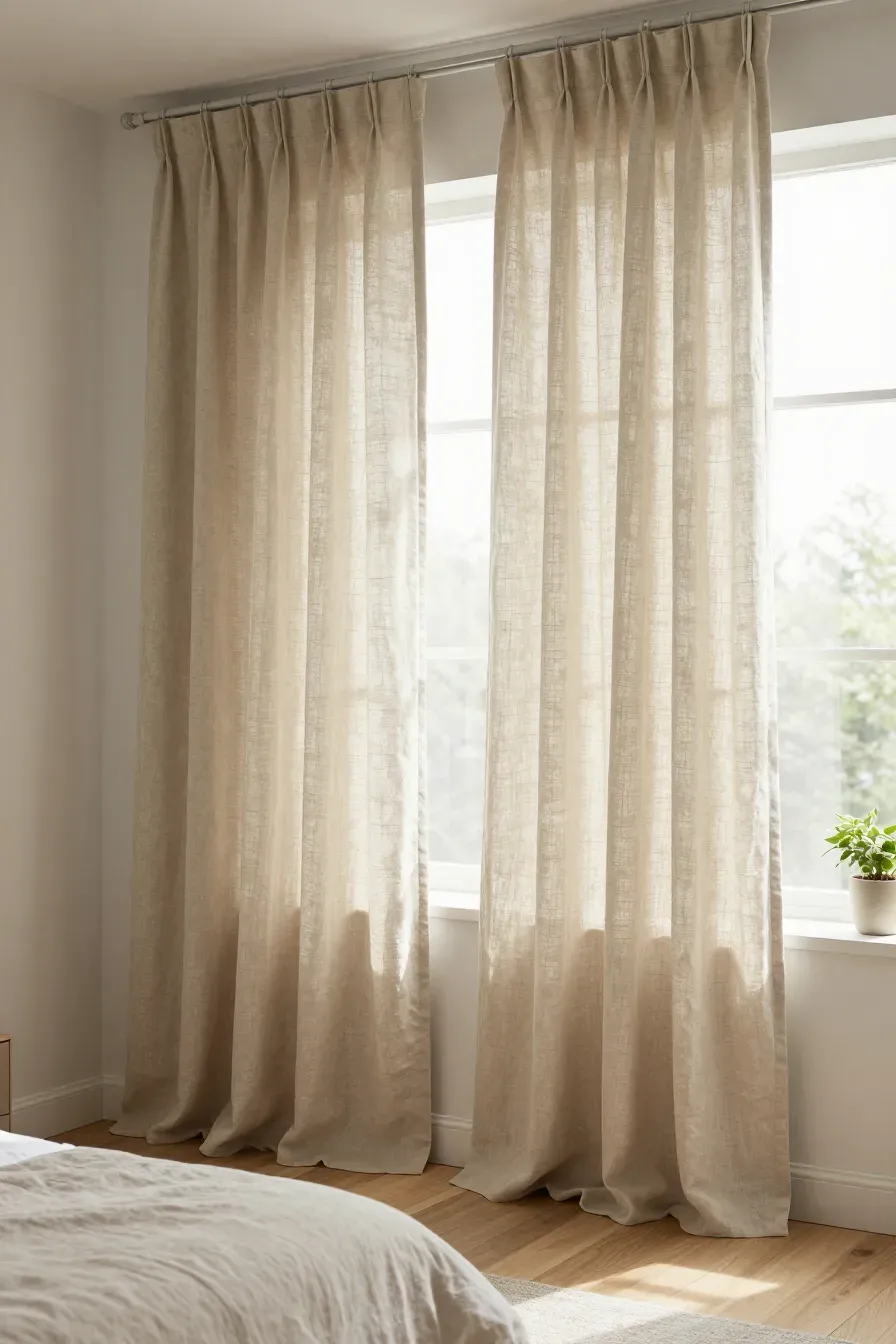 Soft oatmeal-colored linen curtains hanging by a window in a bright, serene bedroom.