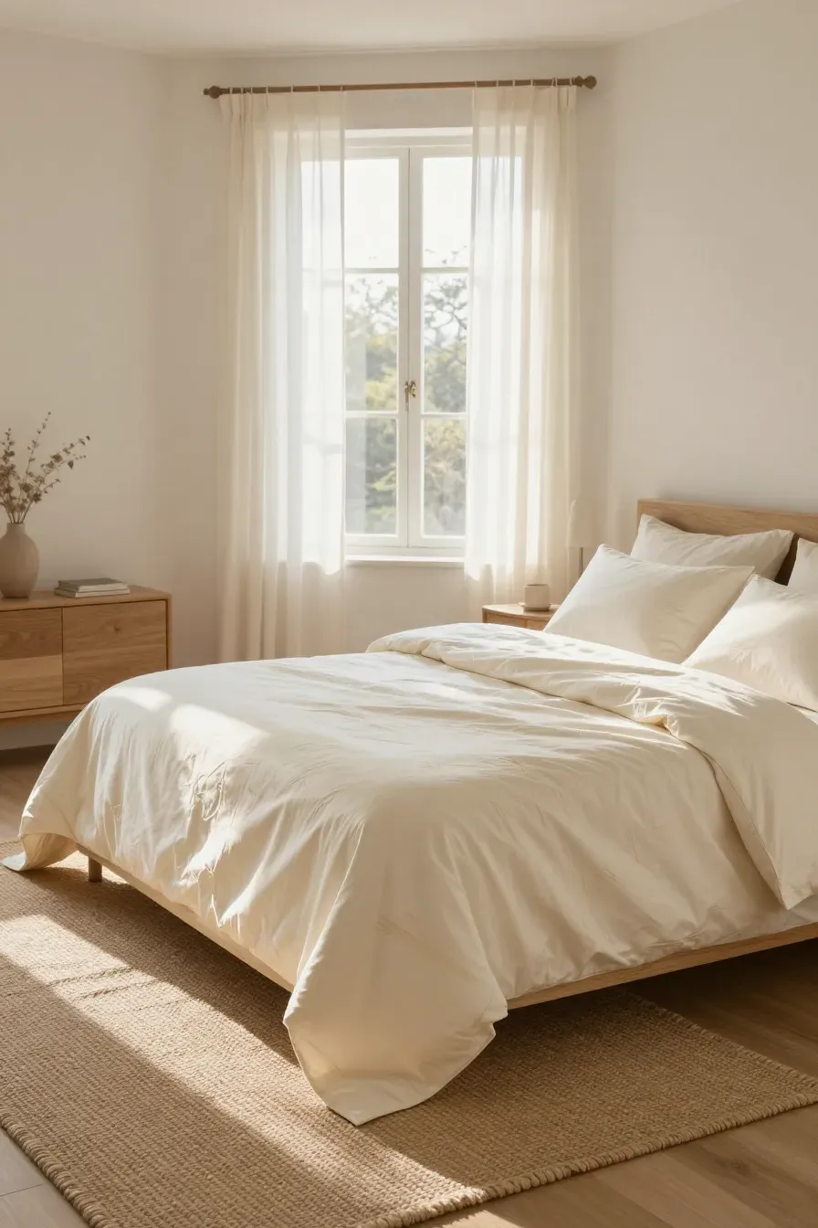 A sun-lit bedroom featuring soft, ivory bamboo sheets on a bed with light wood furniture.