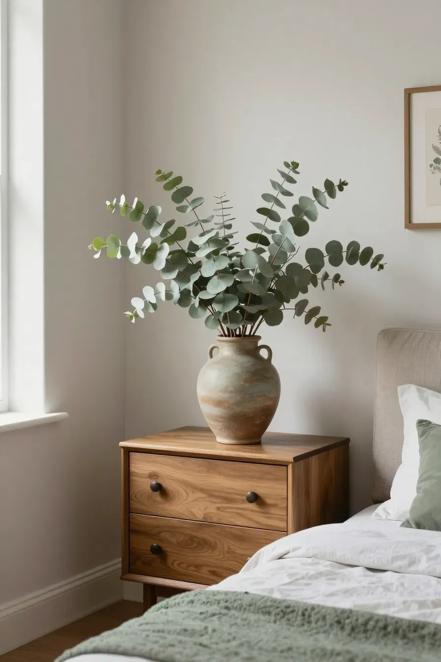 A bunch of dried eucalyptus in a stoneware vase on a dresser in a serene, natural bedroom.