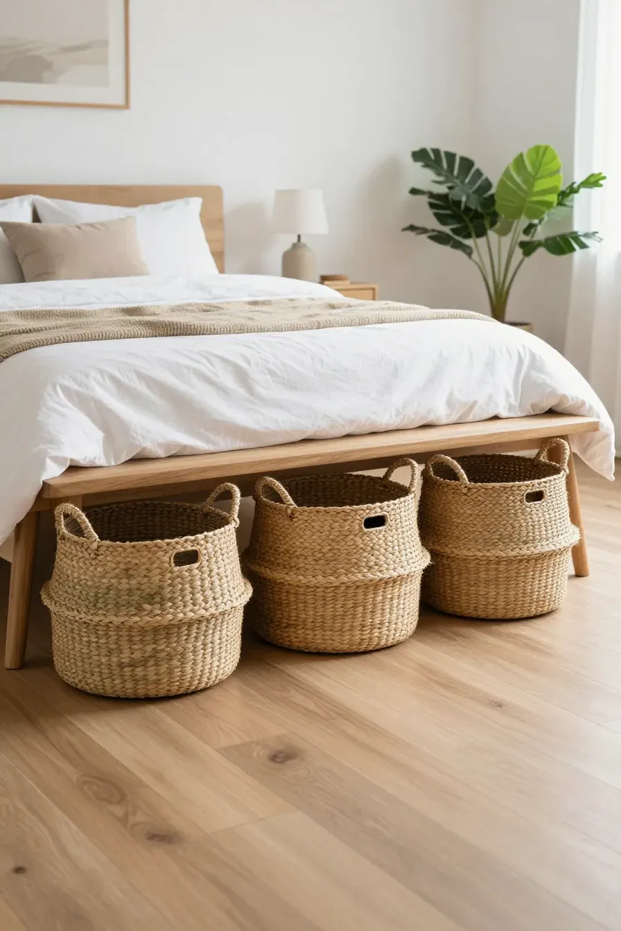 Woven seagrass baskets stored under a bench in a bright, minimalist natural bedroom.