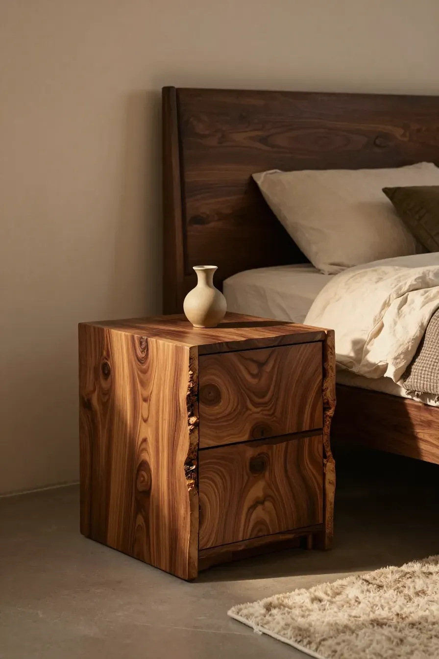 A live edge walnut nightstand beside a bed in an earthy, cozy natural bedroom.