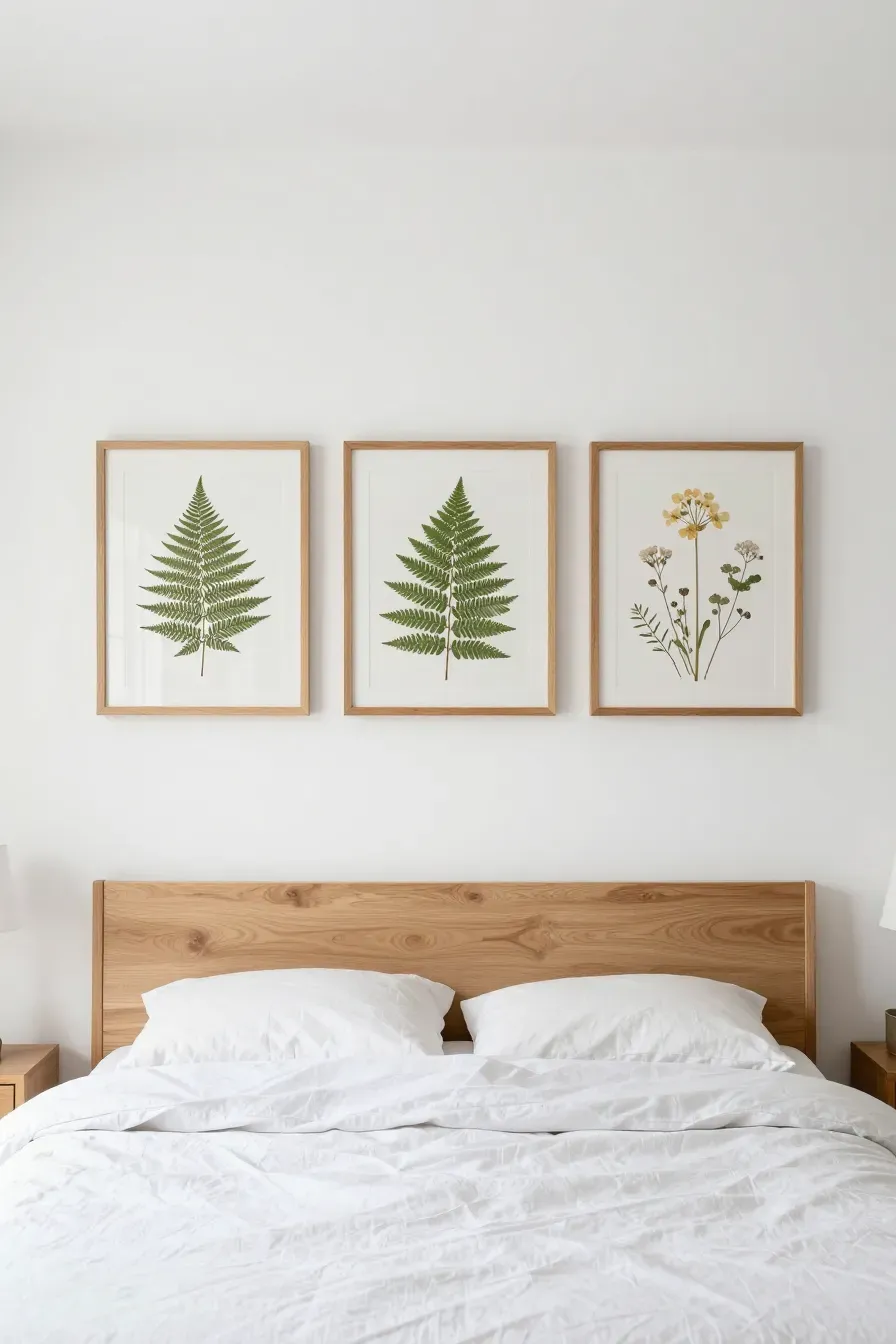 Framed pressed botanical art hanging on the wall of a bright, natural-themed bedroom.